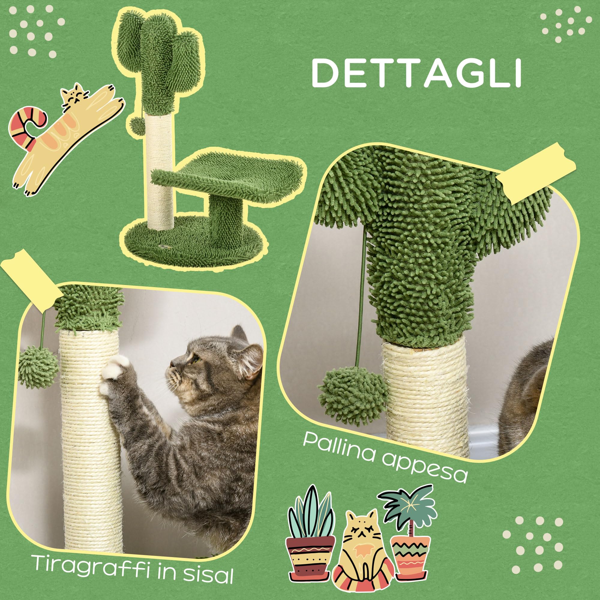 PawHut Albero per Gatti a forma di Cactus con Tiragraffi, Pallina da Gioco e Piattaforma, Torre per Gatti in Truciolato e Ciniglia, 35x31x55.5 cm, Verde e Bianco