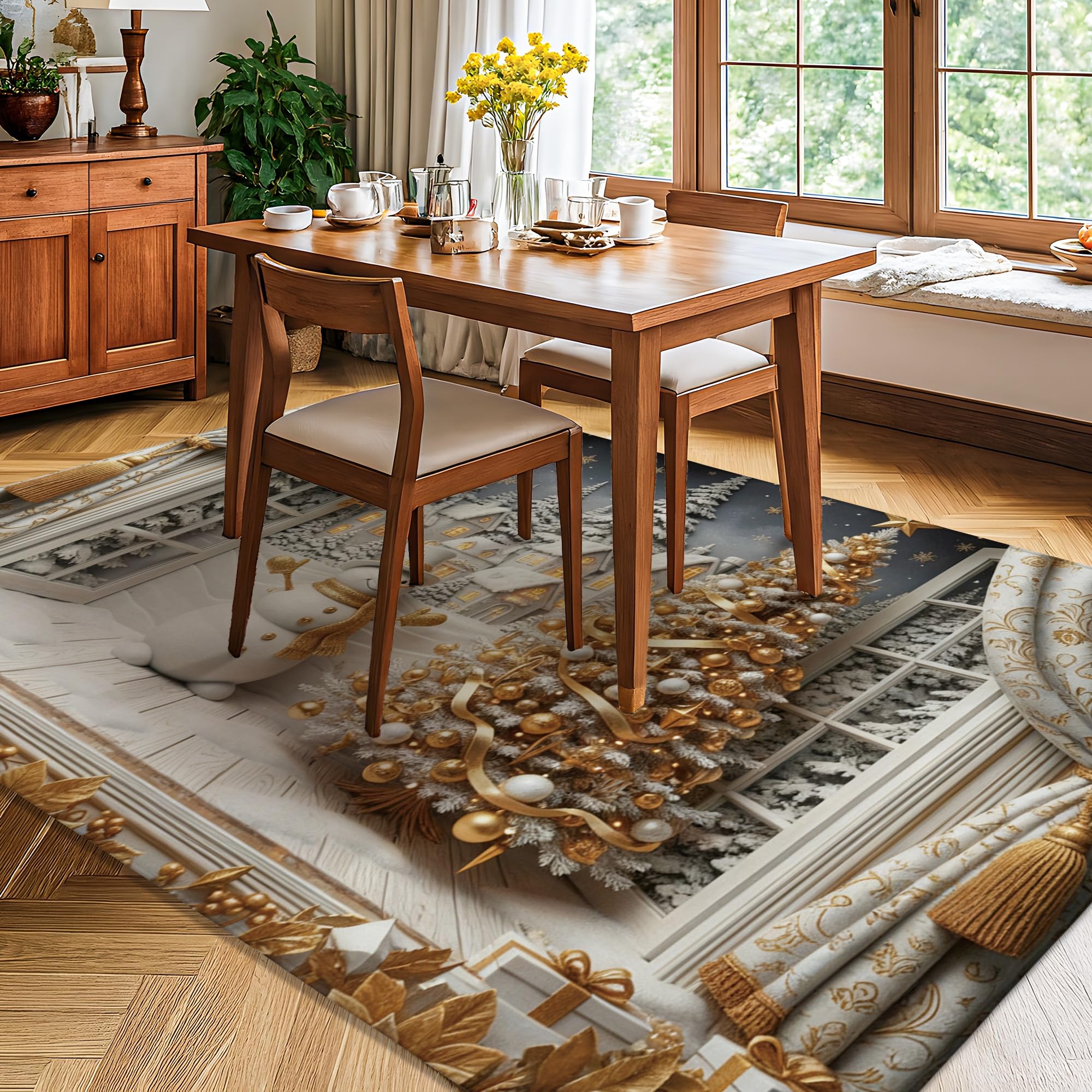 Schneemann-Teppich, Weihnachts-, Winter-, Weihnachtsbaum-Vorhänge, goldfarben, niedriger Flor, Schwamm, rechteckiger Druck, Teppich für Wohnzimmer, Schlafzimmer, Küche, Flur, Dekoration, 1,5 x 2,1 m