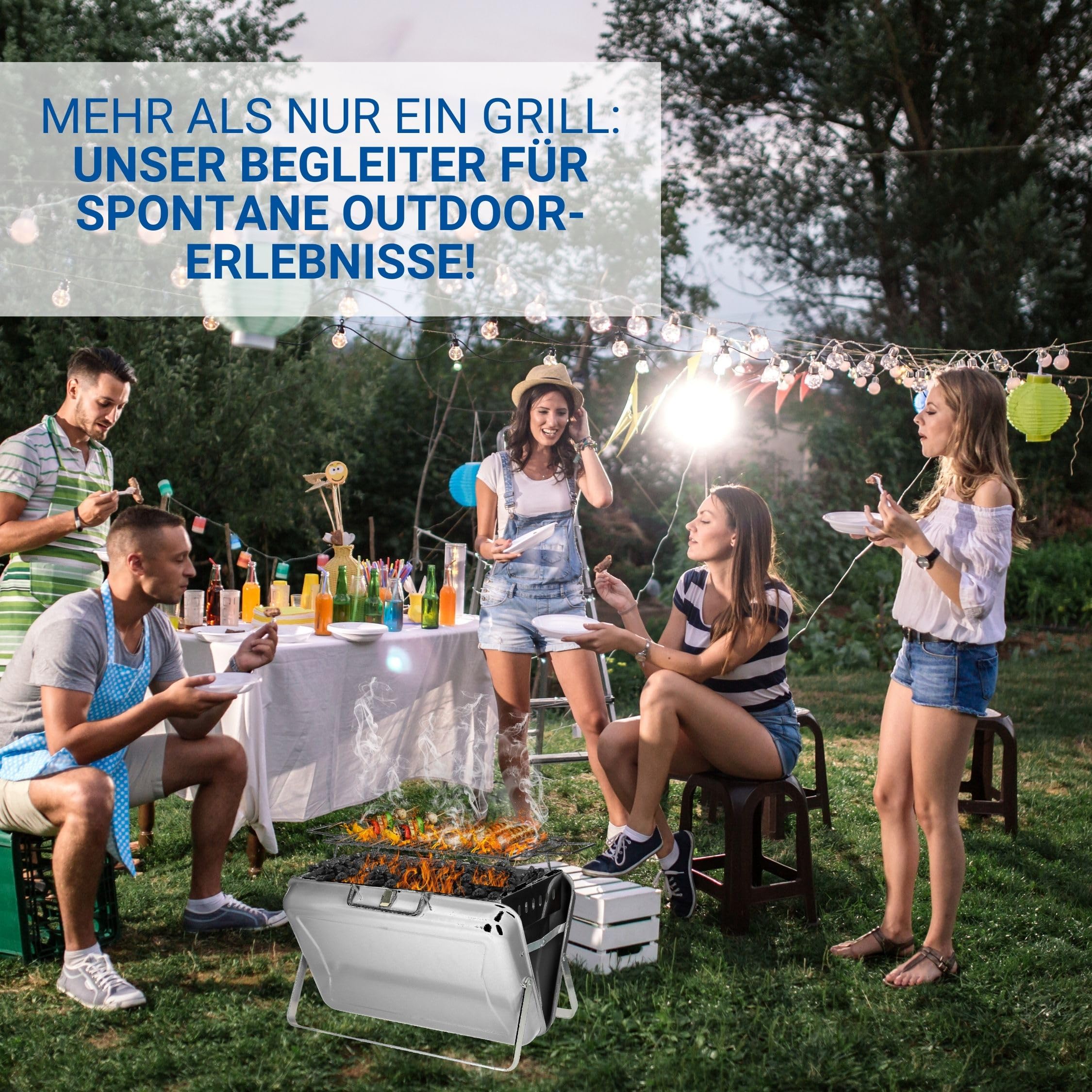 Barbacoa portátil de carbón vegetal 'Portable' – Barbacoa con asa y parrilla – Barbacoa de carbón para hasta 4 personas – Barbacoa móvil para viajes o en casa, color: plateado