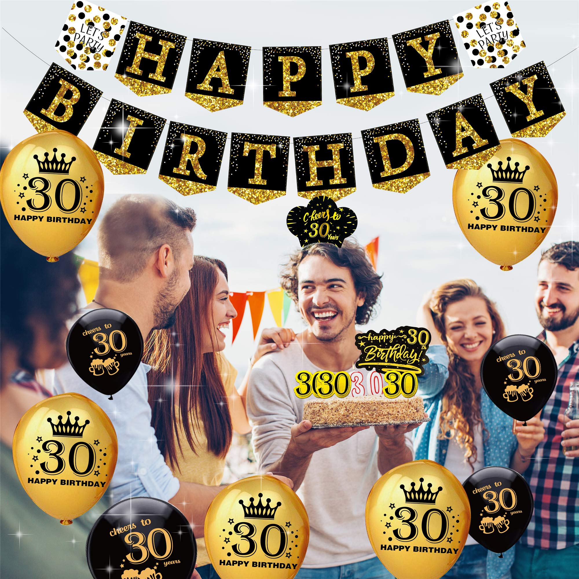 Xietaea 30. Geburtstag Deko Set - Schwarz Gold Girlanden & Wirbel