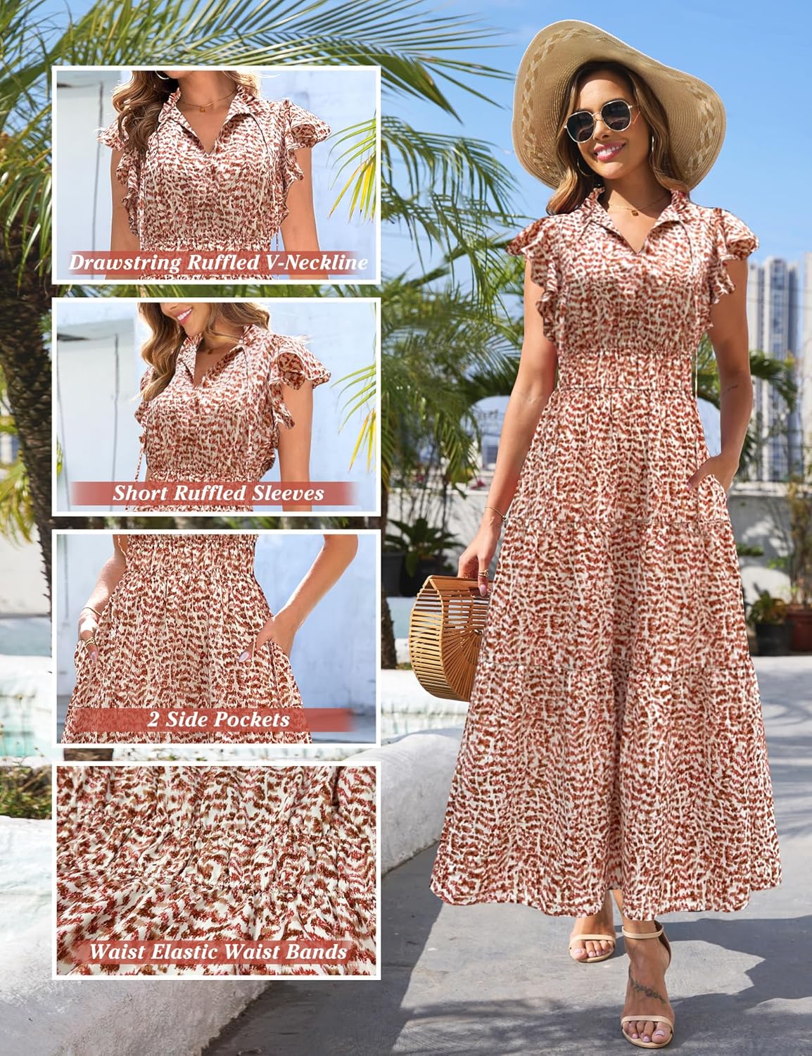 Kranda Women 2026 Summer Self-tie V Neck High Waist Ruffle Cap Sleeve Casual Long Boho Floral Tiered Maxi Dress with Pockets - Image 6