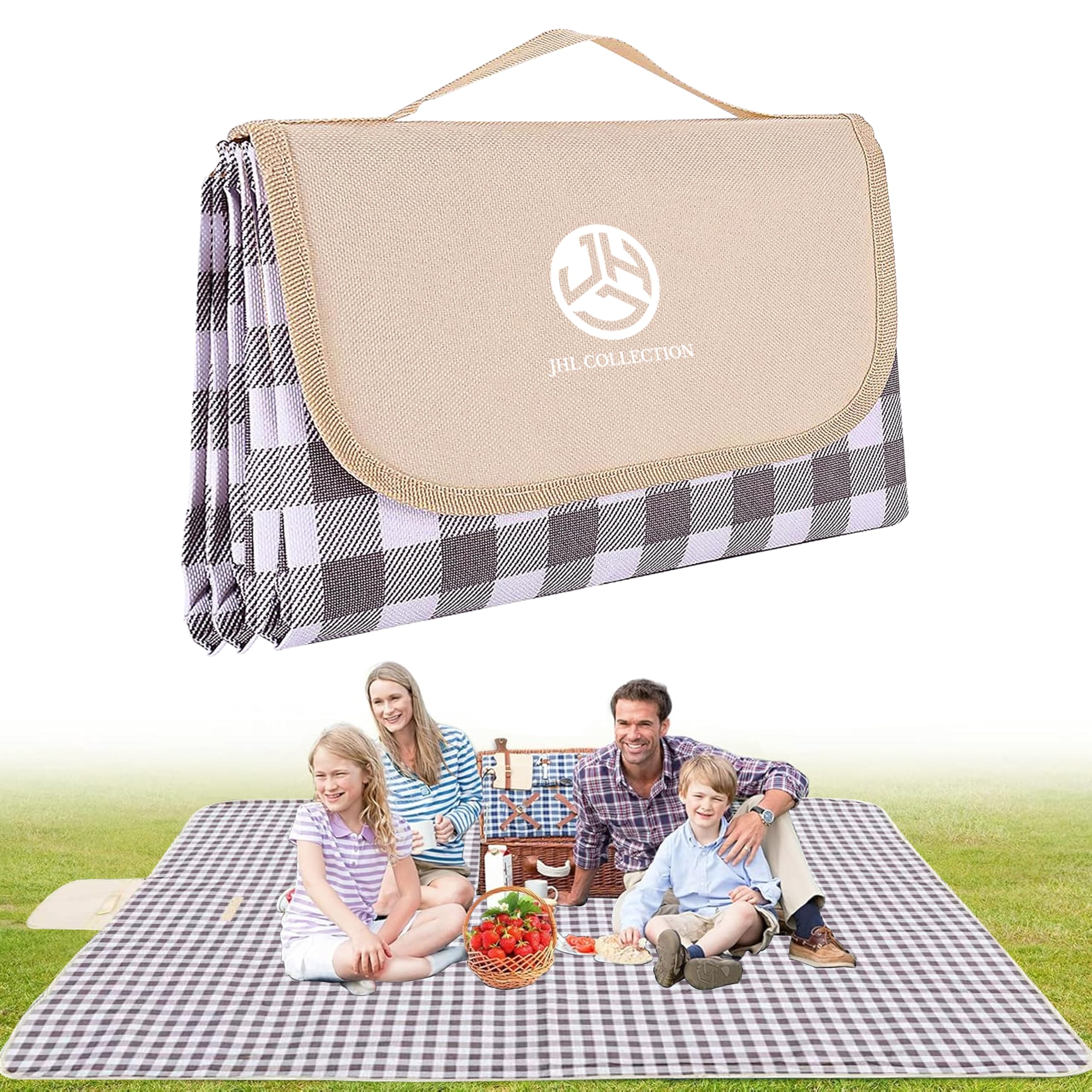 Jhl Collection Brown Picnic Blanket Waterproof - 200×195Cm Extra Large Outdoor Beach Blankets With Carrying Handle - Sandproof Washable And Foldable Beach Mat For Garden, Camping, Hiking, Travel (Brown)