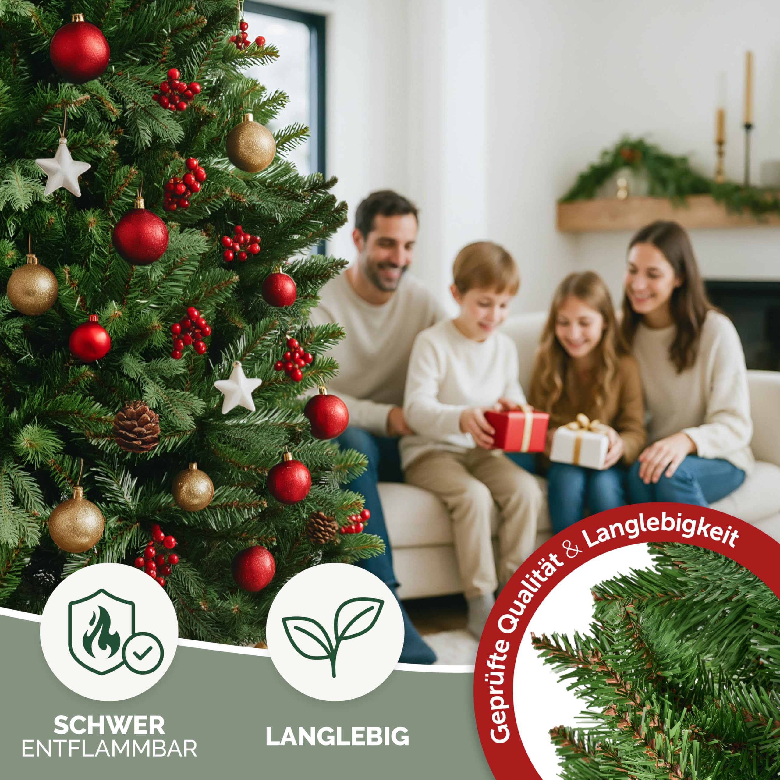 Premium künstlicher Weihnachtsbaum 180cm - großer Weihnachtsbaum Spritzguss Mix aus naturgetreuem PE + PVC + edlen Holzfuß - Stamm im natürlichen Look - Tannenbaum künstlich - Nordmanntanne