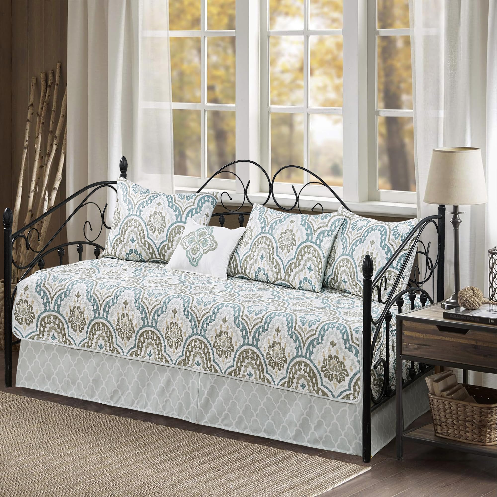 6 Piece Reversible Microfiber Ikat Printed Daybed Cover Set, All Season Luxury Bedding with Bedskirt, Matching Shams, Decorative Pillow, 75"x39", Teal Aqua