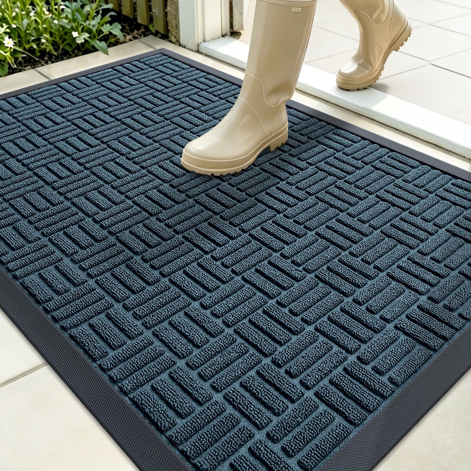 OLANLY Front Door Mat Outside Entrance 35x23, Absorbent, Heavy Duty Sturdy Natural Rubber Doormat Indoor Outdoor, Non-Slip, Stain and Fade Resistant, Low Profile Floor Mat for Entryway, Lake Blue