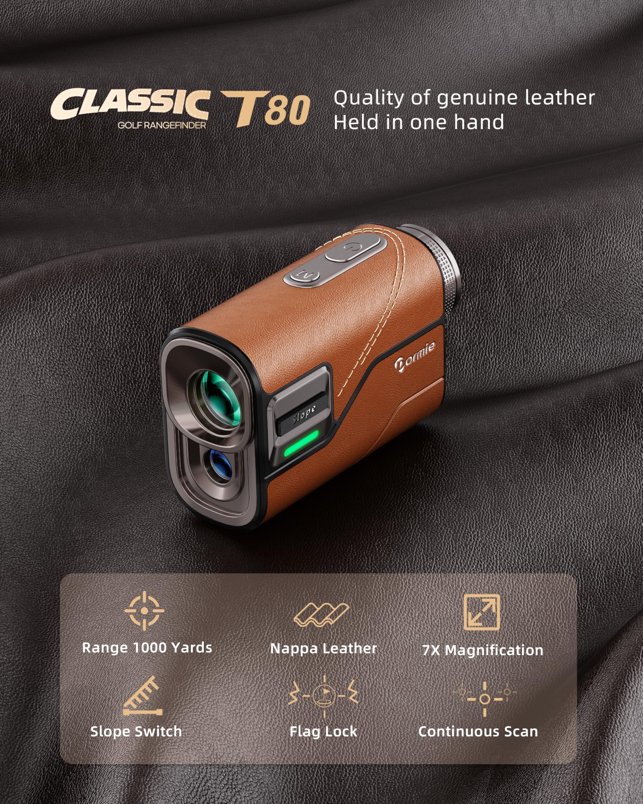DORMIE T80 Mini Golf Rangefinder with Slope,1000 Yards Type-C Rechargeable Rangefinder, 7X Magnification, Slope Compensation, 0.02s Fast Measurement, Nappa Leather-Wrapped Body - 2