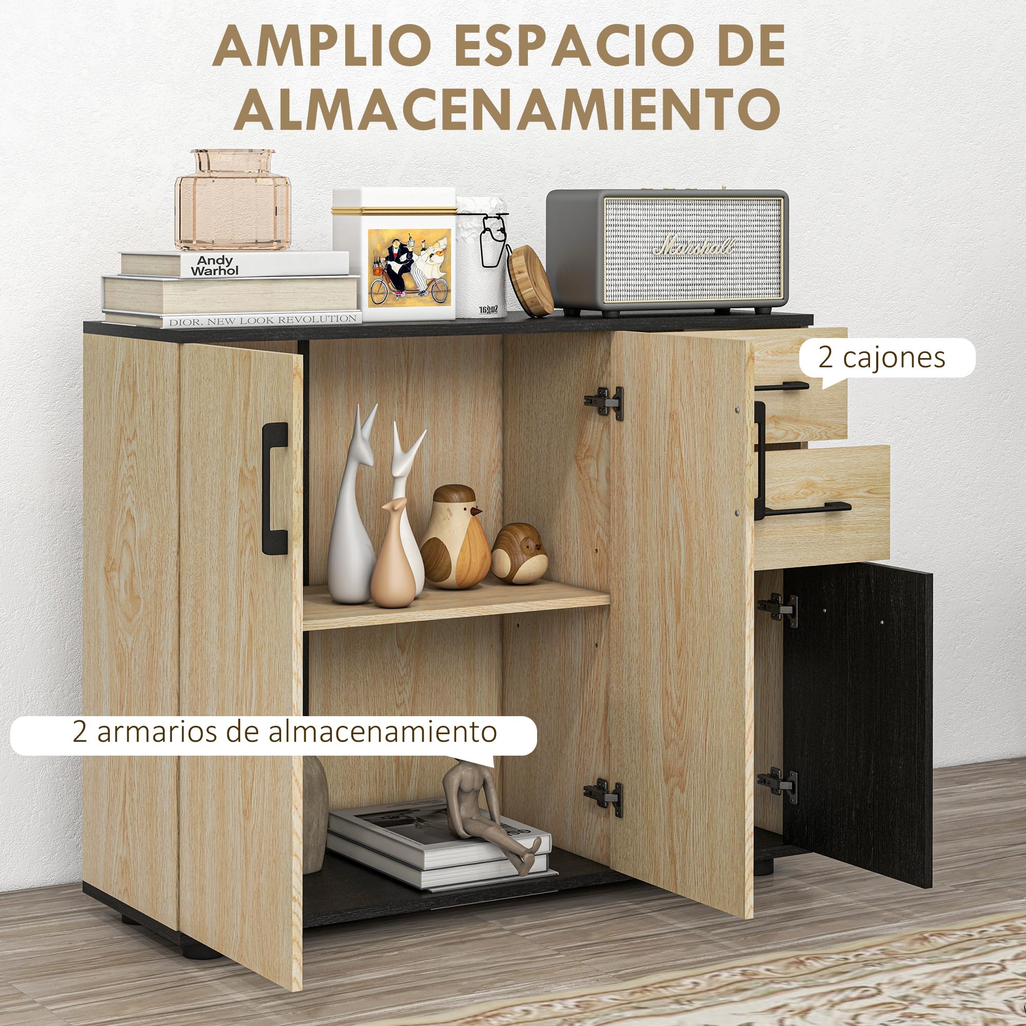 HOMCOM Aparador de 2 Puertas con 2 Cajones 90x30x75,5 cm Natural y Negro | Aparador de Salón Estrecho, Armario de Cocina con Estante Ajustable, para Entrada, Dormitorio, Mueble Auxiliar de Cocina