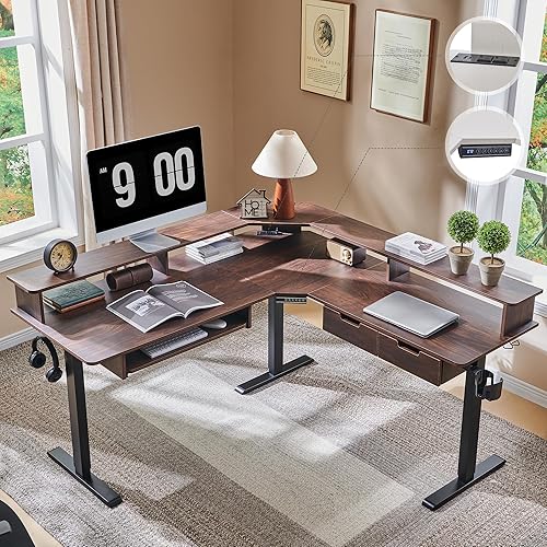 RedLemon Escritorio eléctrico de pie en forma de L de 60 pulgadas, escritorio de esquina ajustable en altura con cajones, bandeja para teclado,