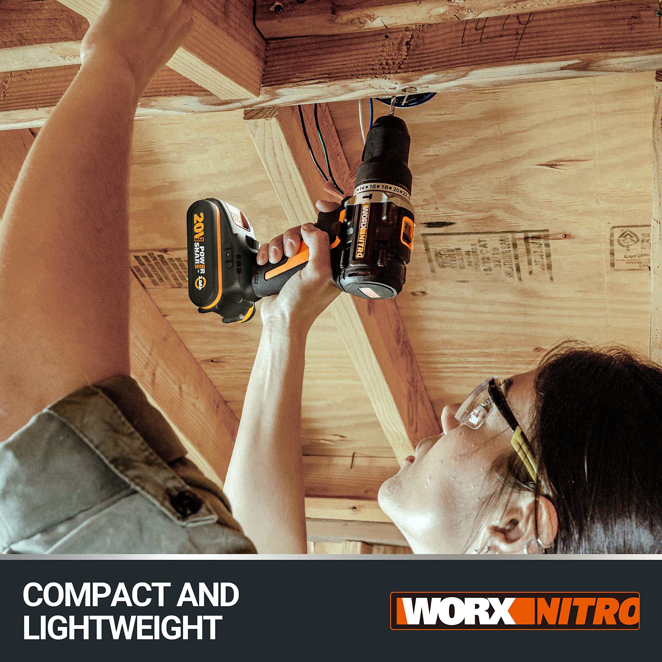 WORX NITRO 18V(20V MAX) Taladro Atornillador Eléctrico sin Cable WX102.1, Herramienta PowerShare, 60 Nm, Control de 2 Velocidades, Embrague de 18+1 posiciones