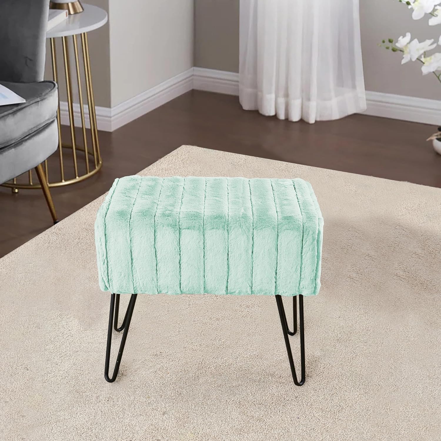 Home Soft Things Super Mink Faux Fur Blue Ottoman Bench 19" x 13" x 17" H, Bleached Aqua, Living Room Foot Rest Stool Entryway Makeup Bench End of Bed Bedroom Home Decor Chair