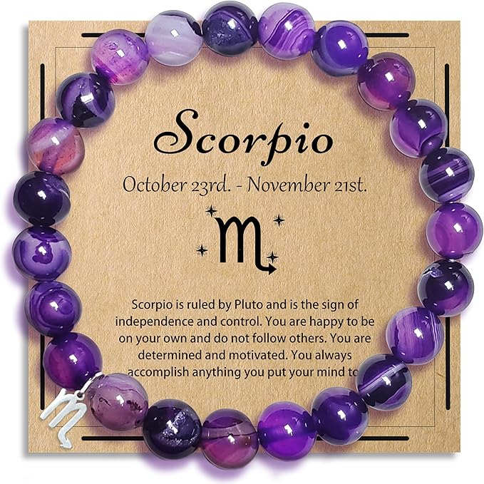 Scorpio Bracelets Birthday Gifts, Zodiac Astrology Bracelets Present for Women, Horoscope Scorpio Constellation Crystal Purple Unique Jewelry with Wish Card for Mom Friend Lady