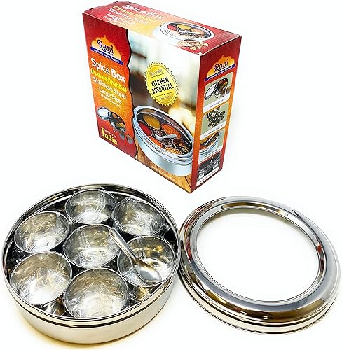 Miniatura 1 de Rani - Caja de especias (7.5 x 2.8 pulgadas) de acero inoxidable transparente para almacenar especias (Masala Dabba), 7 compartimentos, con cuchara.