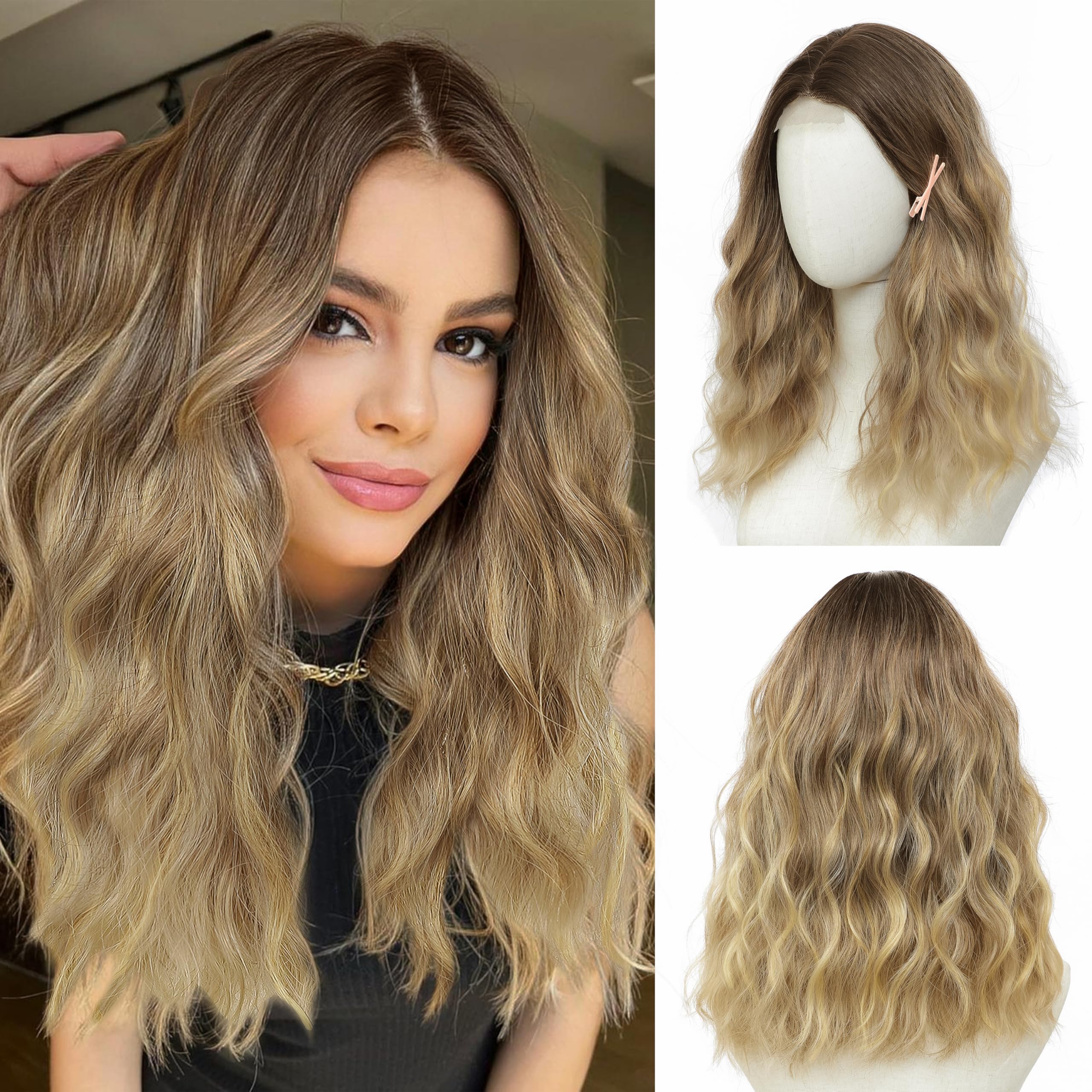 BUPPLER Wig 18 Inch Medium Length Wigs for Women Middle Part Synthetic Hair Wavy Wig with Upgraded Strands,Natural Hair Wigs for Daily Party/Halloween