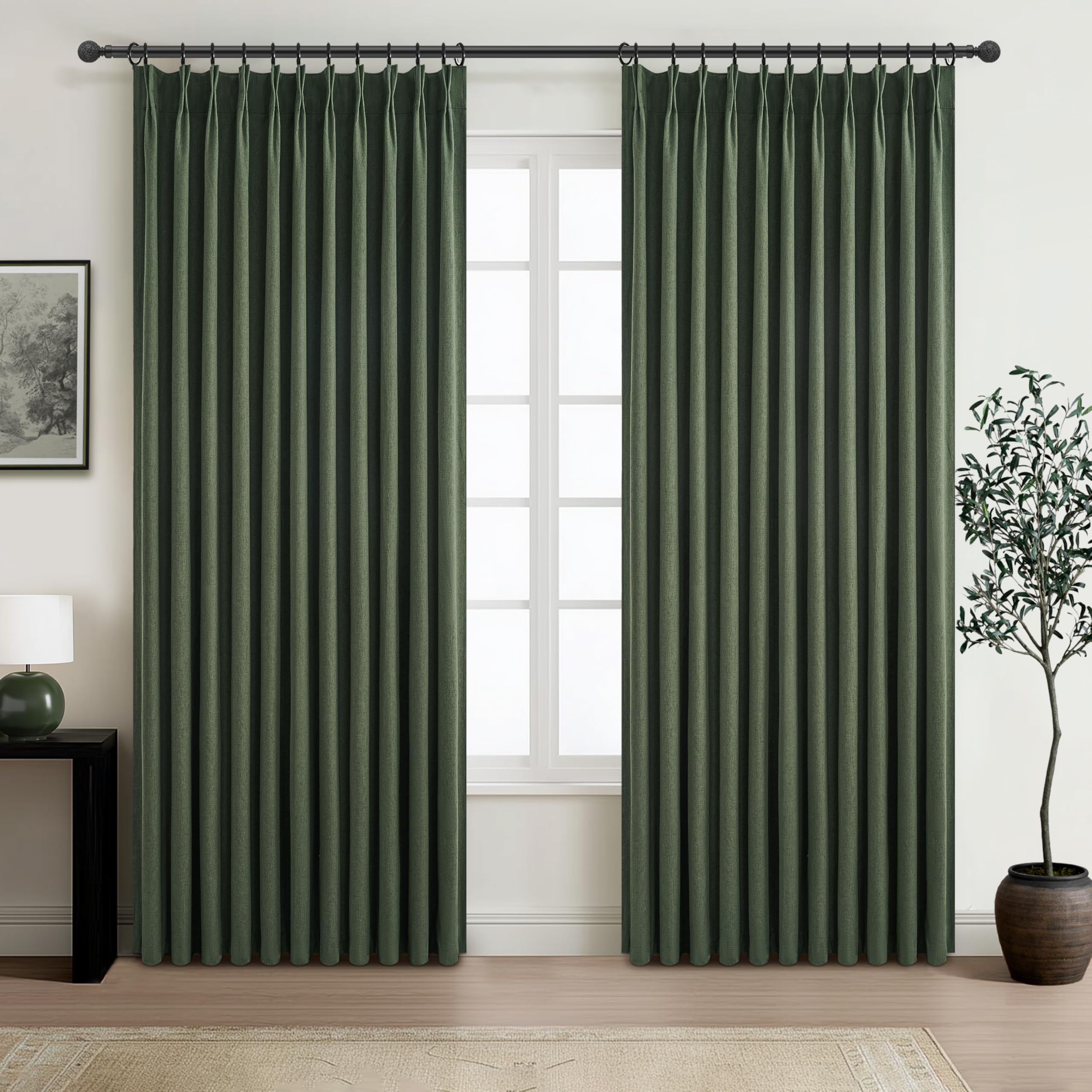 Curtains 70 Inch Length Extra Wide Pinch Pleated Blackout Curtain for Sliding Glass Door/Living Room, Farmhouse Olive Green Thick Heavy Duty Insulated Large Window Drapes (70"Wx90"Lx2Panels Loden)