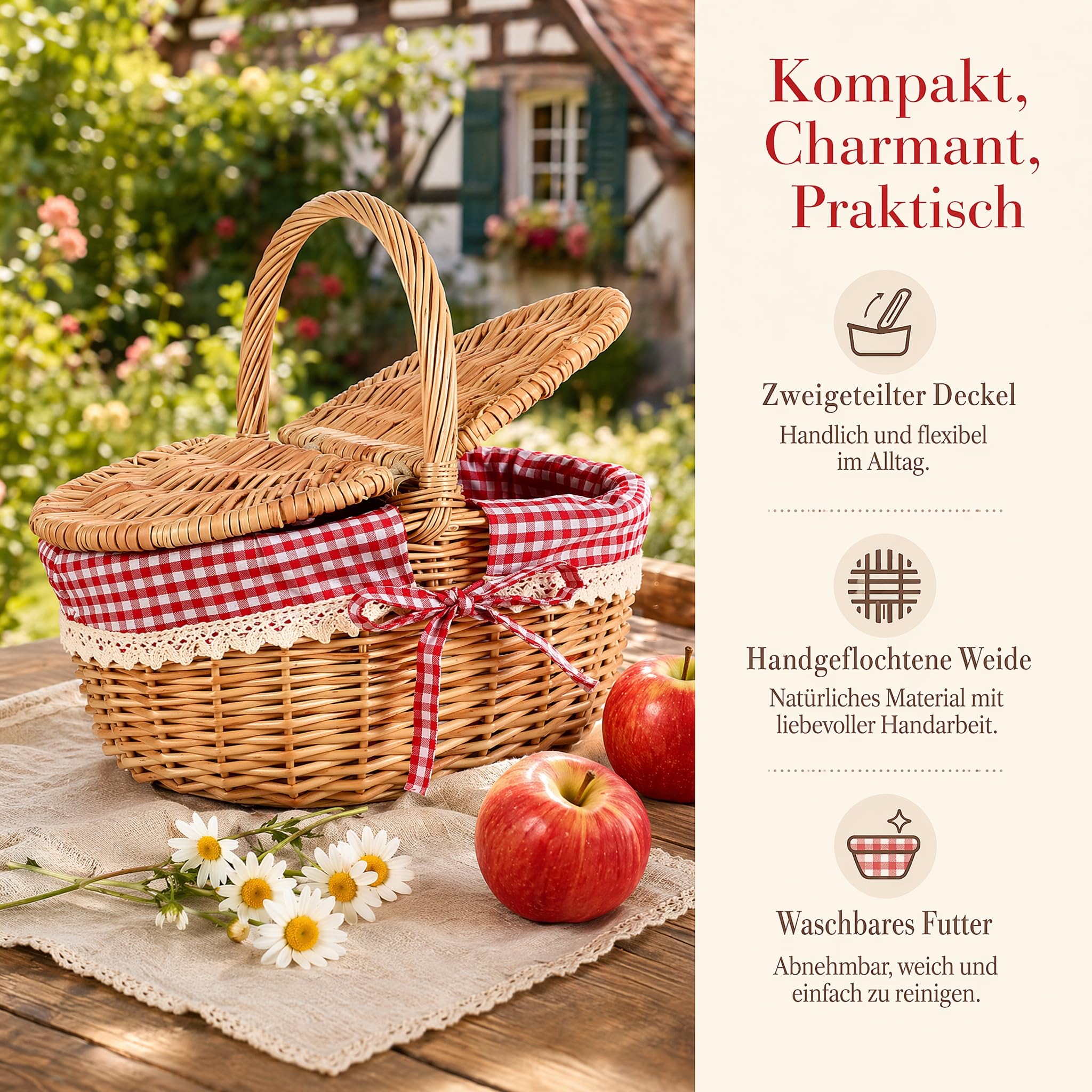 iplusmile Kleiner Weidenkorb mit Deckel und Henkel Geflochten Ovaler Picknickkorb Kinder Rotkäppchen Korb mit Rotem Karostoff, 26x18x15cm
