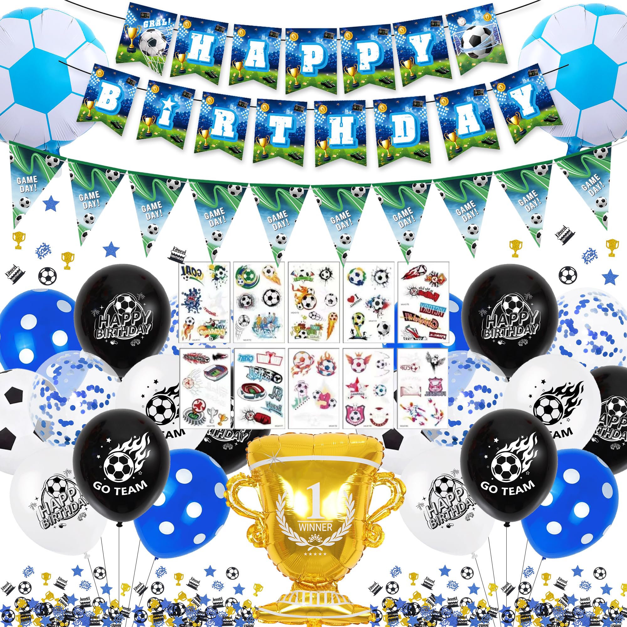 Football Birthday Balloons Party Decorations - 45Pcs Blue White Soccer Kids Party Supplies for Boys Girls, Include Happy Birthday Banner Trophy Balloons Tattoo Stickers Confetti