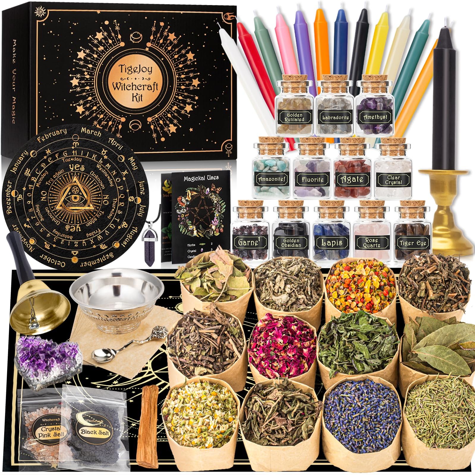 Witch Spell Kit 60PCS, Wiccan Supplies and Tools - Herb Crystal Candle Amethyst Altar Bowl Bell - Wiccan Starter Kit Altar Supplies Pagan Decor