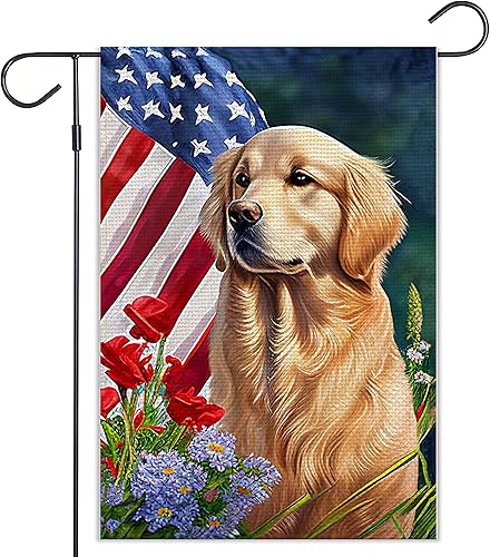 Balgardekor Bandera patriótica de jardín del Día de los Caídos para el 4 de julio, perros Golden Retriever de 12 x 18 pulgadas, doble cara para