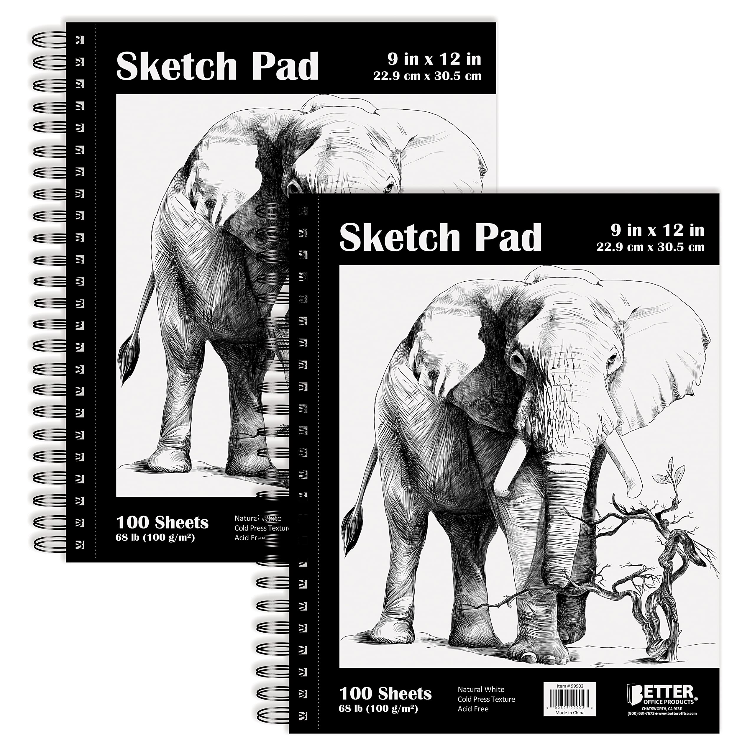 9" x 12" Sketch Paper Pads, 200 Total Sheets (100 Each), 2 Pack, 68 lb/100gsm Premium Paper, by Better Office Products, Spiral Bound Artist Sketch Book, Acid Free, Cold Press, Natural White
