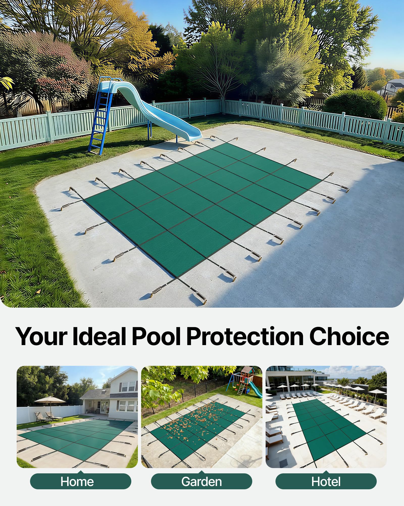VEVOR Housse de sécurité pour Piscine – Housse de sécurité enterrée en Maille Verte Solide pour Piscine – Housse de sécurité d'hiver (4,6 x 9,6 m)