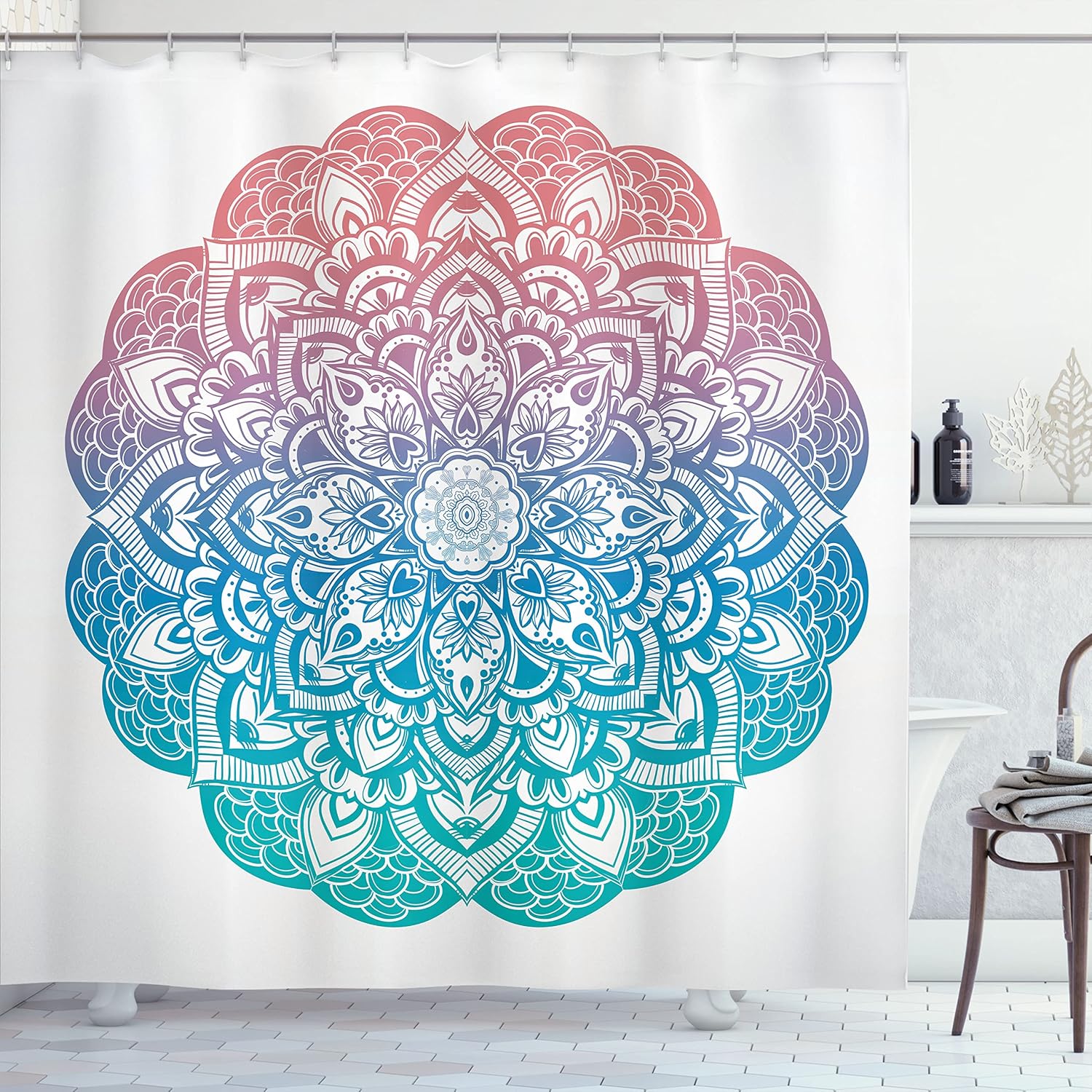 Ambesonne Mandala Shower Curtain, Paisley Floral Gradient Mandala Pattern Yin Yang Cycle of Life Earth Theme, Cloth Fabric Bathroom Decor Set with Hooks, 69" W x 75" L, Blue Pink White