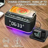 Vista 5 de Reloj despertador con altavoz, cargador inalámbrico, relojes despertadores digitales para dormitorios con Bluetooth, reloj despertador con luz Negro