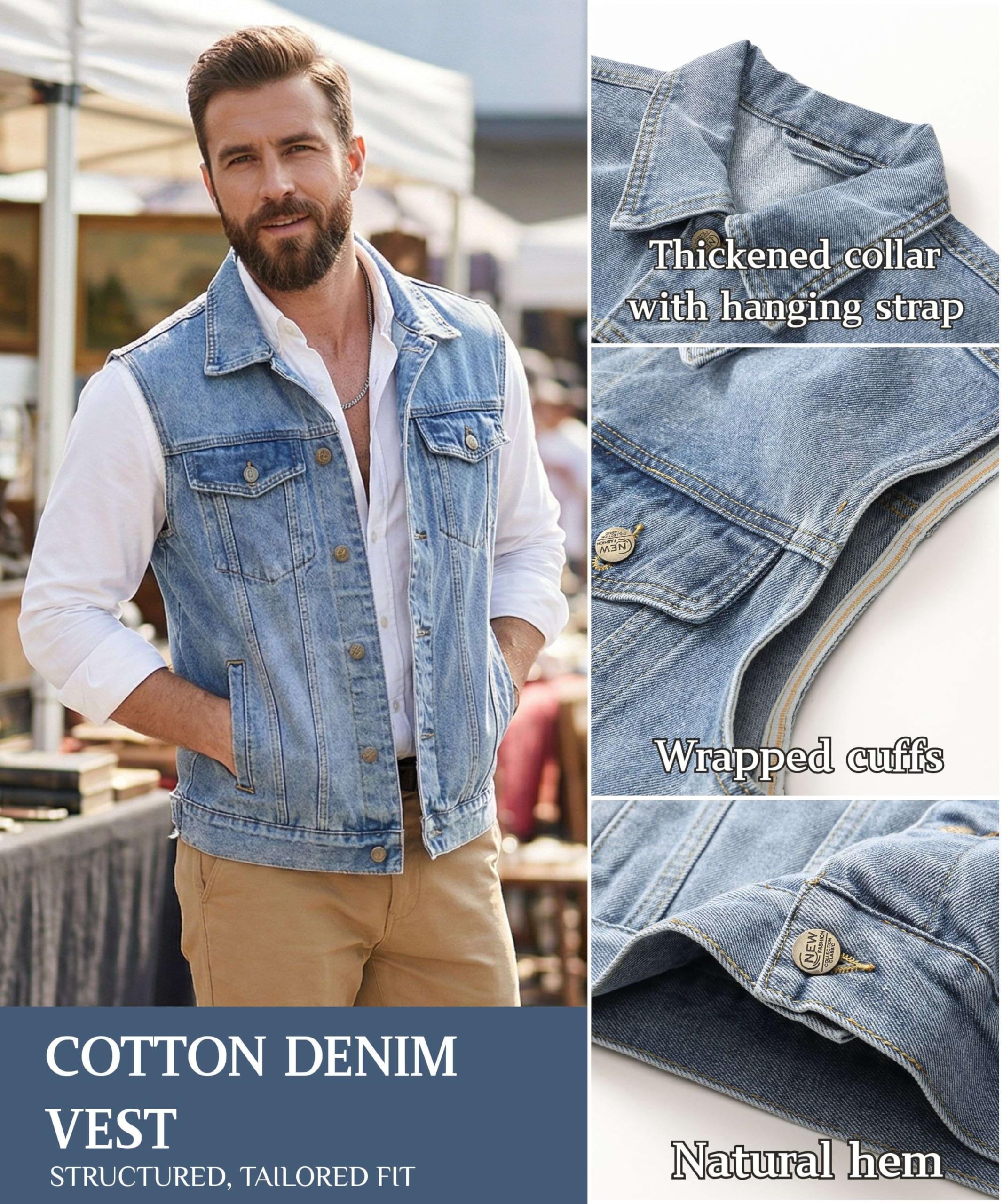 Herren Weste Denim Vest Motorrad Jeansweste Outdoor Baumwolle Bikerweste Vintage Denim Weste Classics Ärmellos Useful Waistcoat