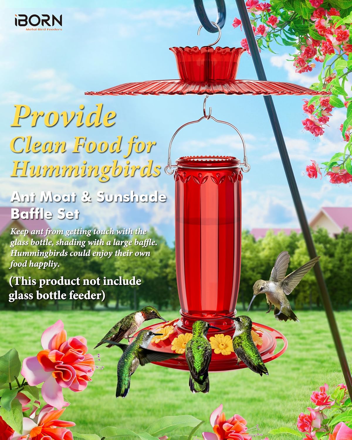 iBorn Hummingbird Feeders Sun Baffle,10.6inch, Red+ Hummingbird Feeders, 8 Ports,Yellow Flowers Red Glass, Pack of 1