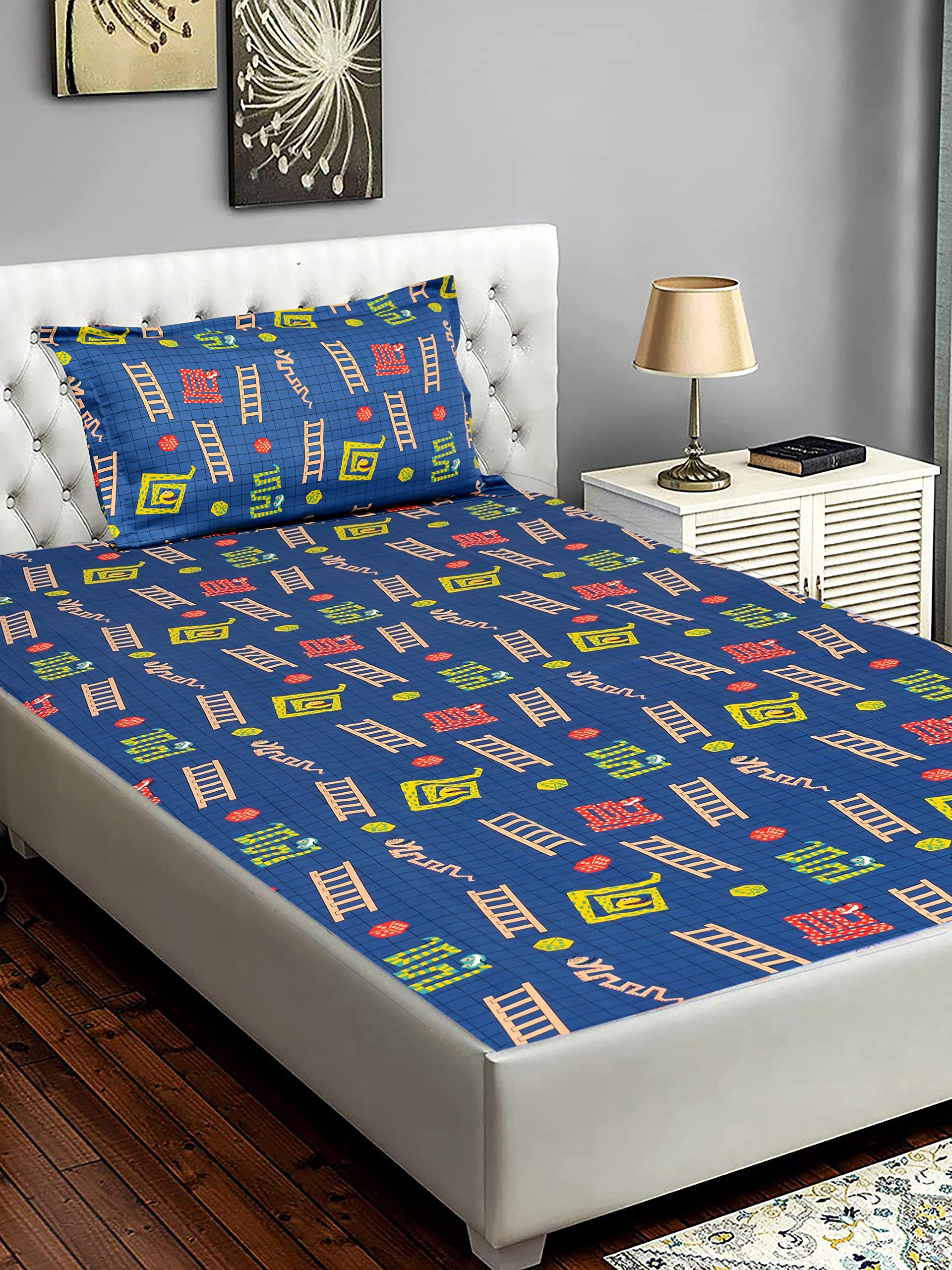 Slumber Happy Dreaming 300 TC Cotton Single Bed Designer Bedsheet for Kids with One Pillow Cover - Snakes & Ladders
