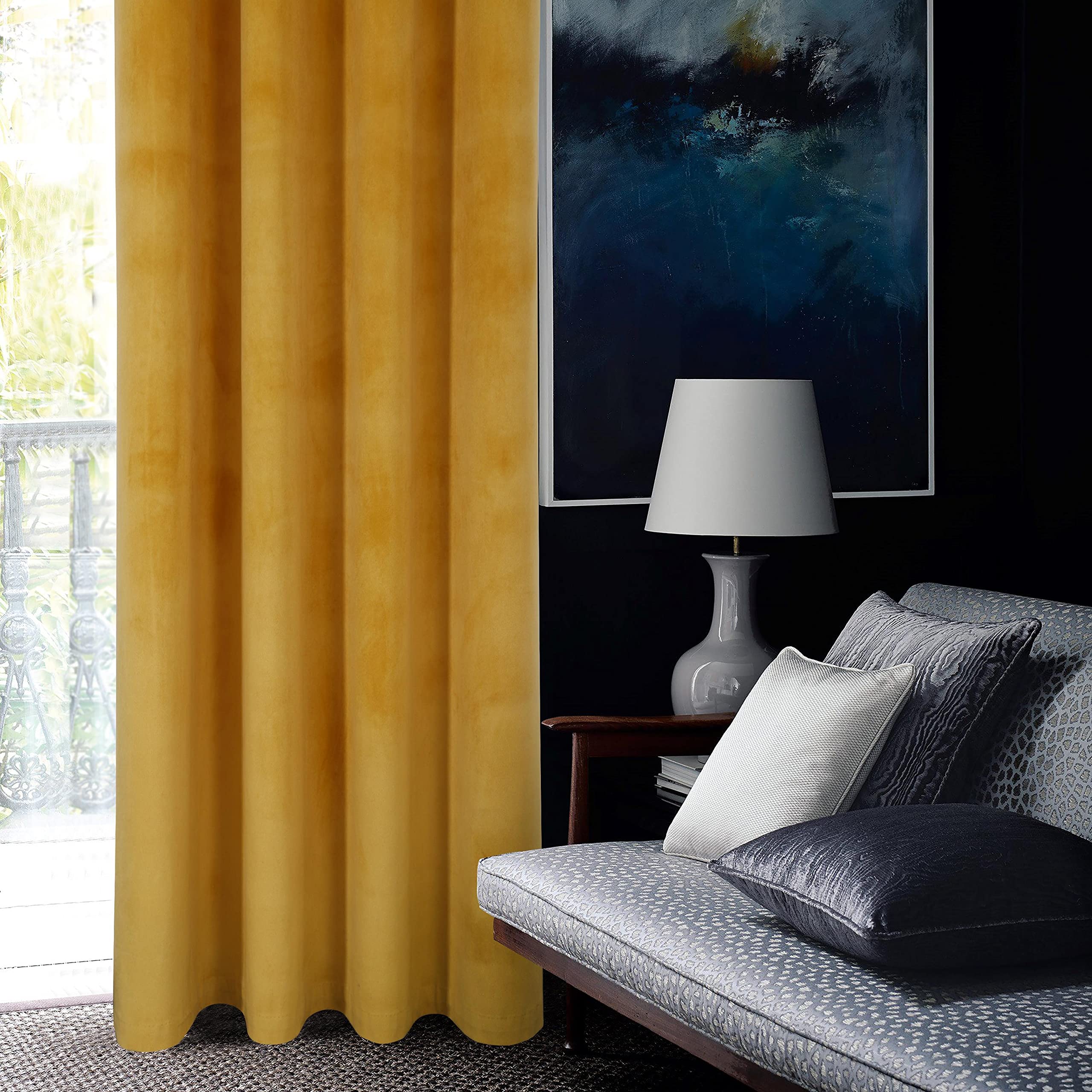 always4u Super Soft Velvet Curtains Yellow Blackout Curtains 66x90 Inches Eyelet Thermal Insulated Fully Lined Window Treatment for Living Room 1 Pair