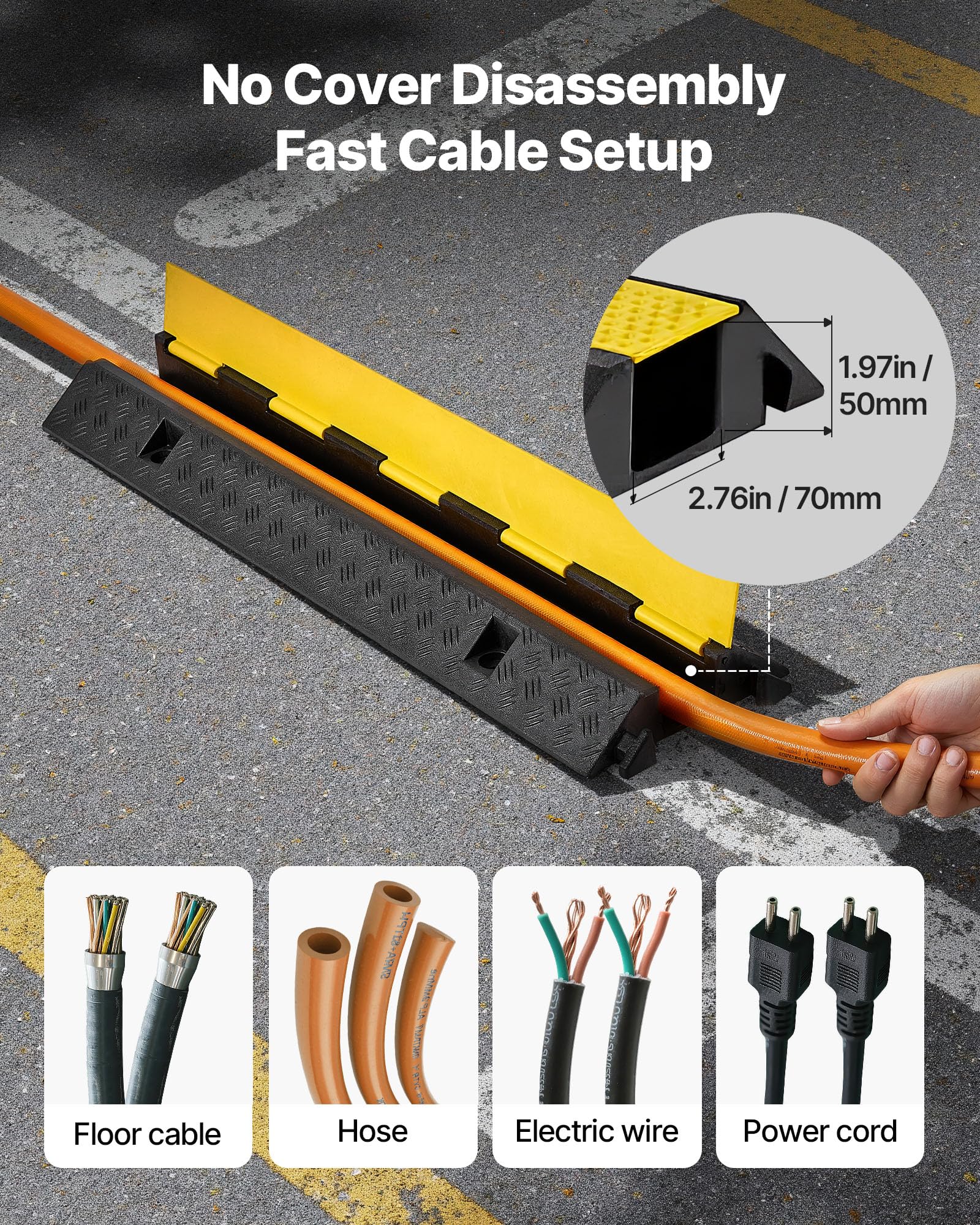 VEVOR Rampa di Protezione per Cavi, Capacità di 9979 kg/Asse, 1 Canale di Copertura per Tubo Flessibile in Gomma 70 x 50 mm, Dosso Rallentatore con Coperchio Superiore Apribile, 1 Confezione