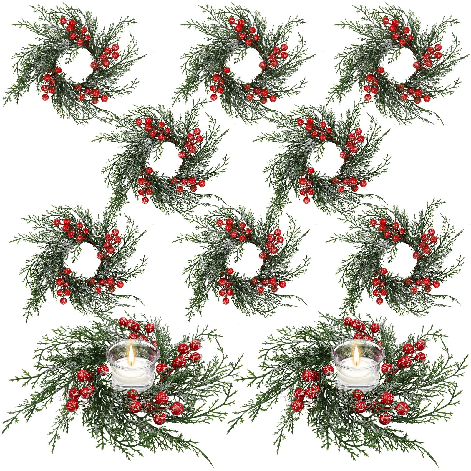 Serlvan 10 Pcs Christmas Candle Rings Wreath Artificial - candleholders | Mubboo