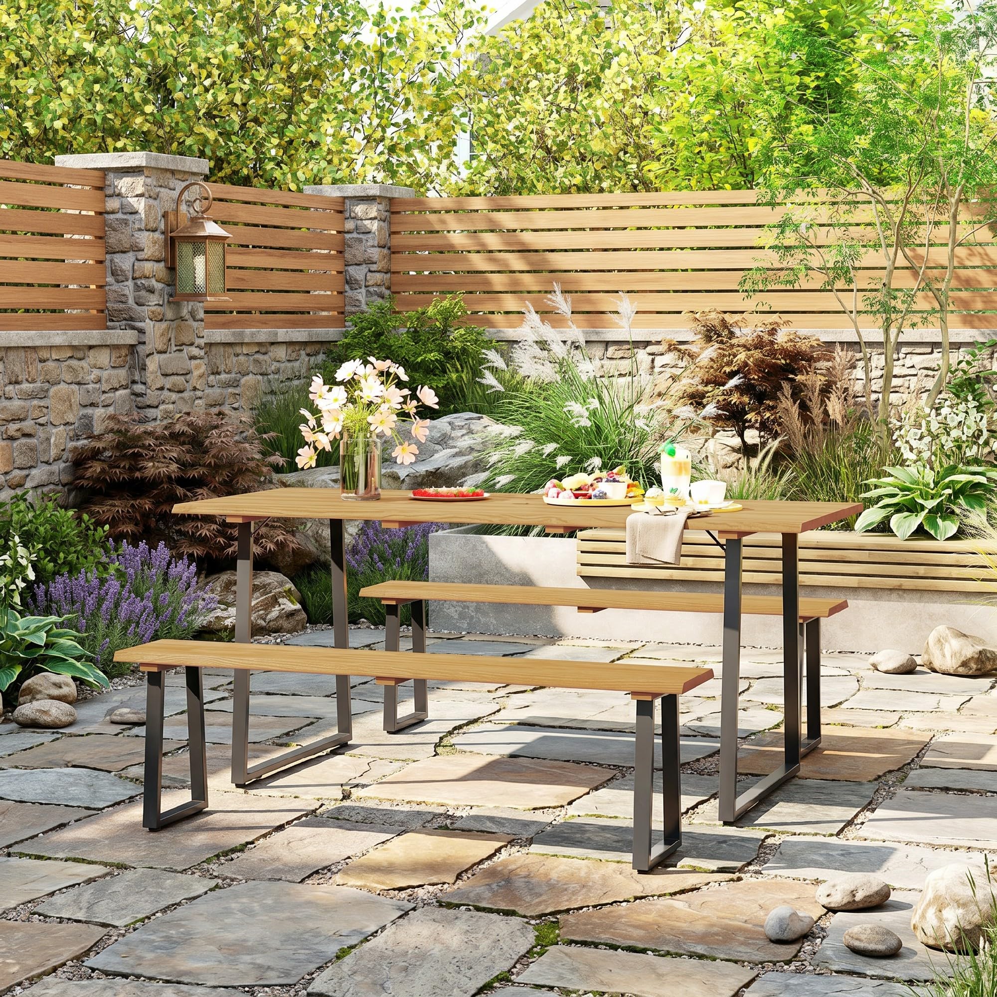 Outsunny Sitzgruppe 3-teilig Holz Essgruppe für 6 Personen mit Esstisch und 2 Bänken Schirmloch Esszimmergruppe Holztisch Küchentisch-Set Gartenmöbel für Balkon Terrasse Naturholz