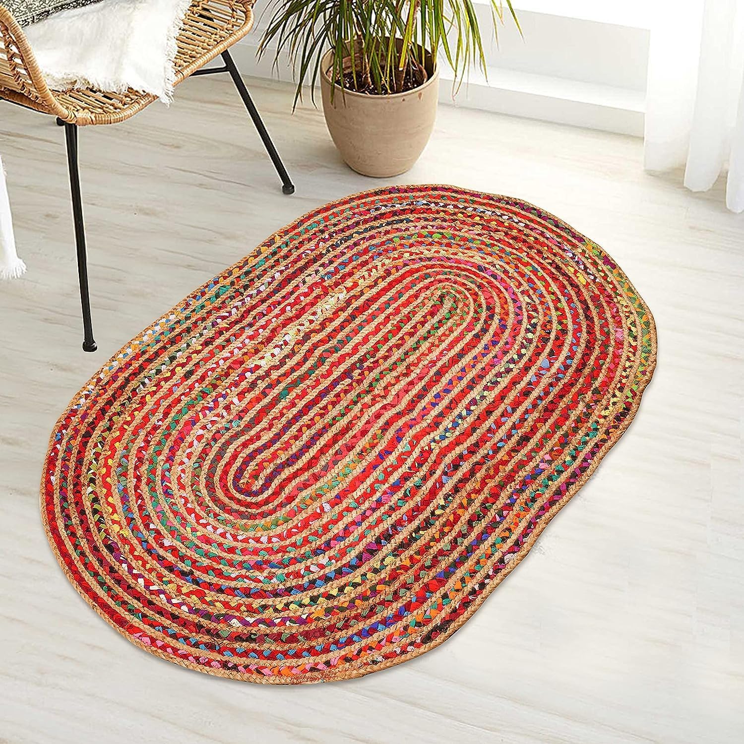 HandloomBazzar Handmade Hand Woven Braided Jute Natural Fibers Rug Bohemian Hand Braided Eco Friendly Rugs for Bedroom Kitchen Living Room Farmhouse(Jute Multi Cotton,5' x 8' Oval)