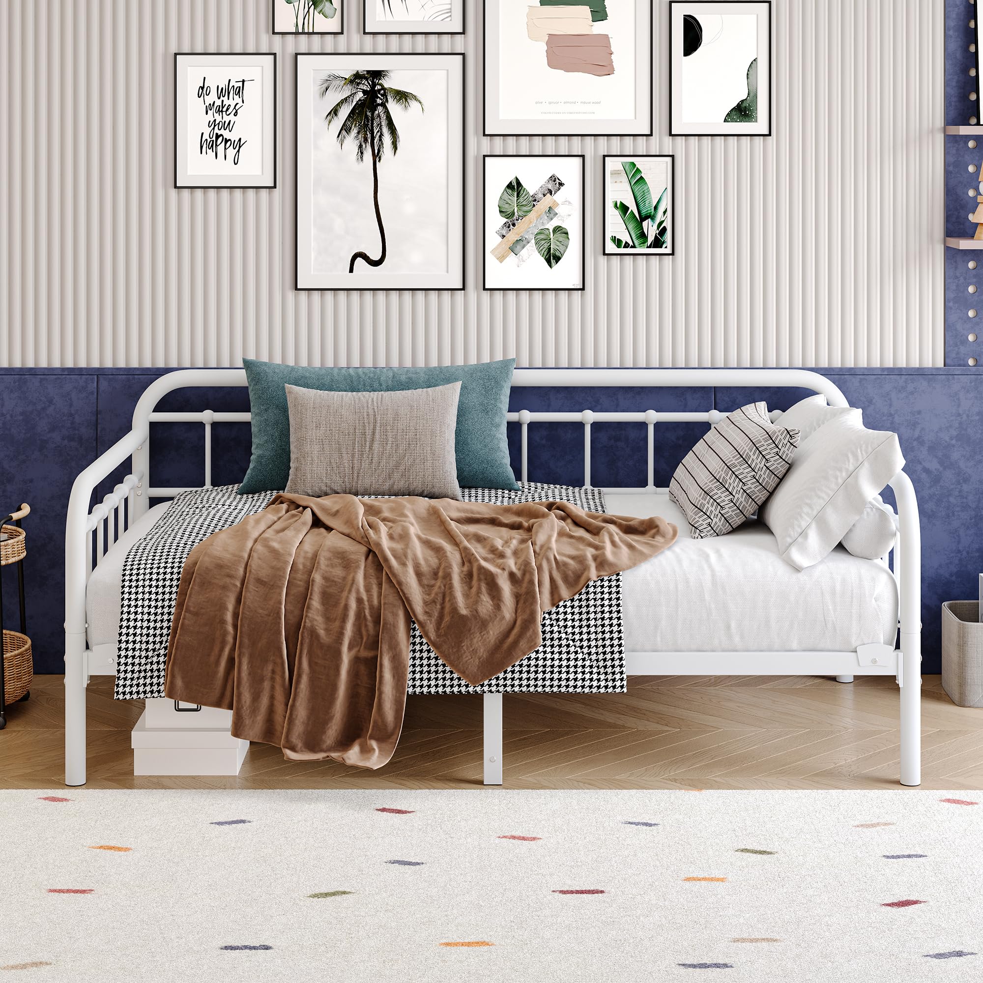 Tagesbett Bettgestell 90x190 cm, Robuste Stahl Plattformbett, Weiß | Metall Tagesbett 90x190 cm, stabile Stahlkonstruktion, robuste Latten, ideal als Gästebett für Schlafzimmer und Wohnzimmer