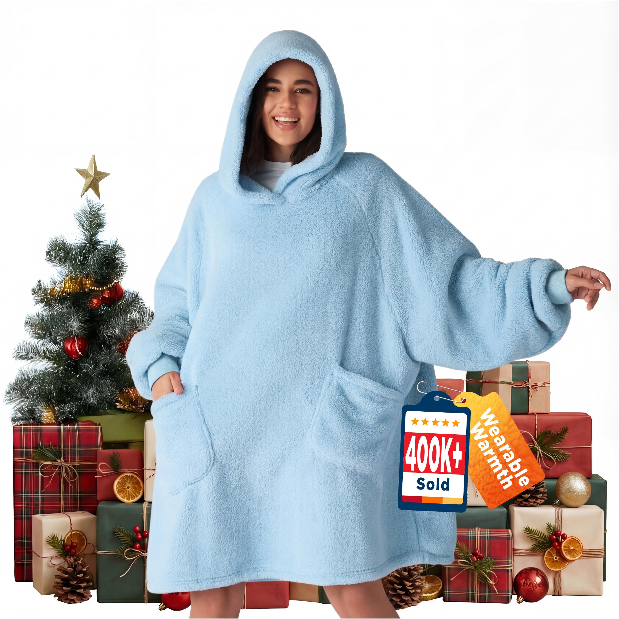 Bedsure Wearable Blanket Hoodie Women - Fluffy Fleece Hoodie Blanket for Adults Men, Warm Hooded Blanket as Gifts for Her, Blue, L