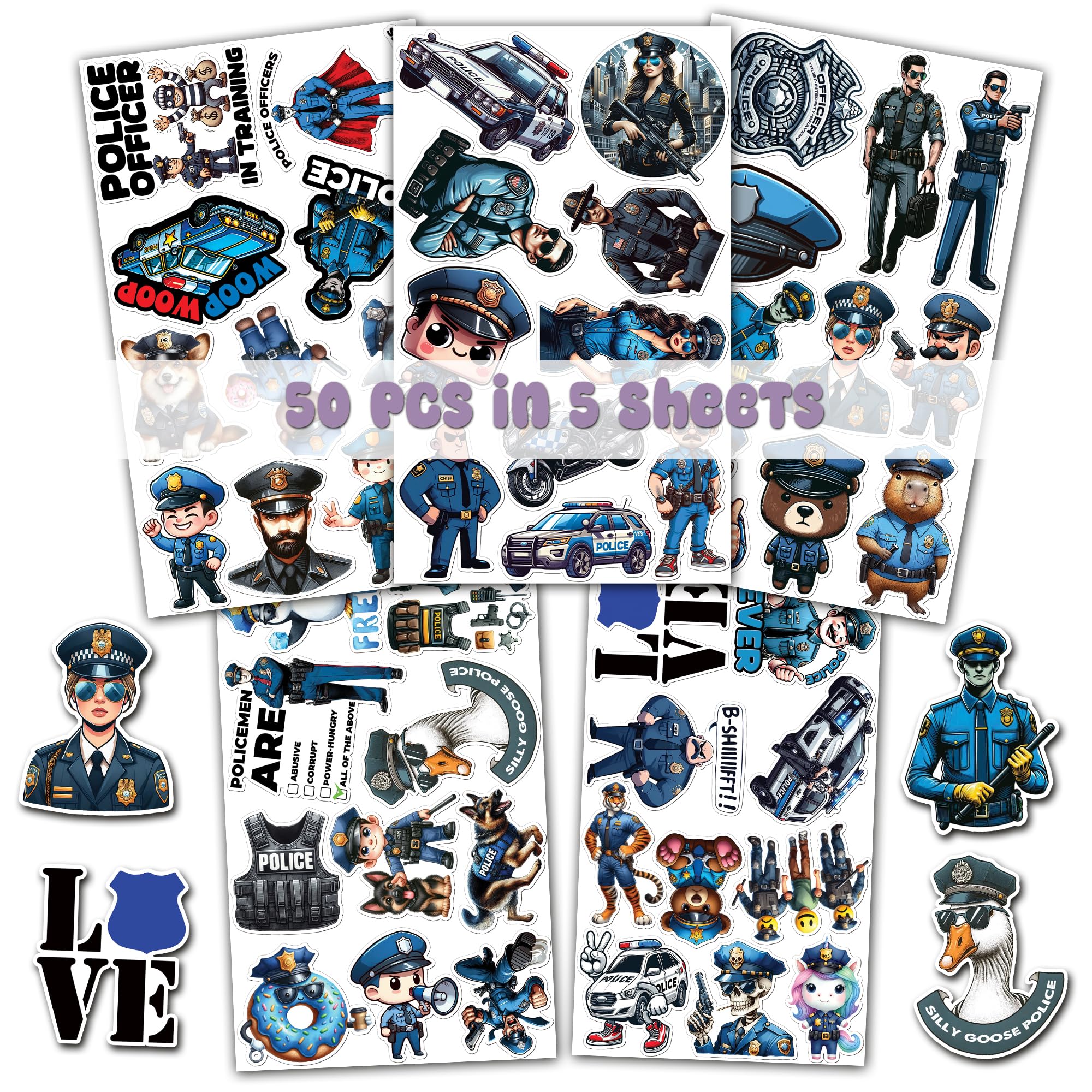 Confezione da 50 adesivi impermeabili per auto della polizia, decalcomanie in vinile, forniture per bomboniere, decorazioni per feste, bottiglie d'acqua, laptop, telefono, casco, album di