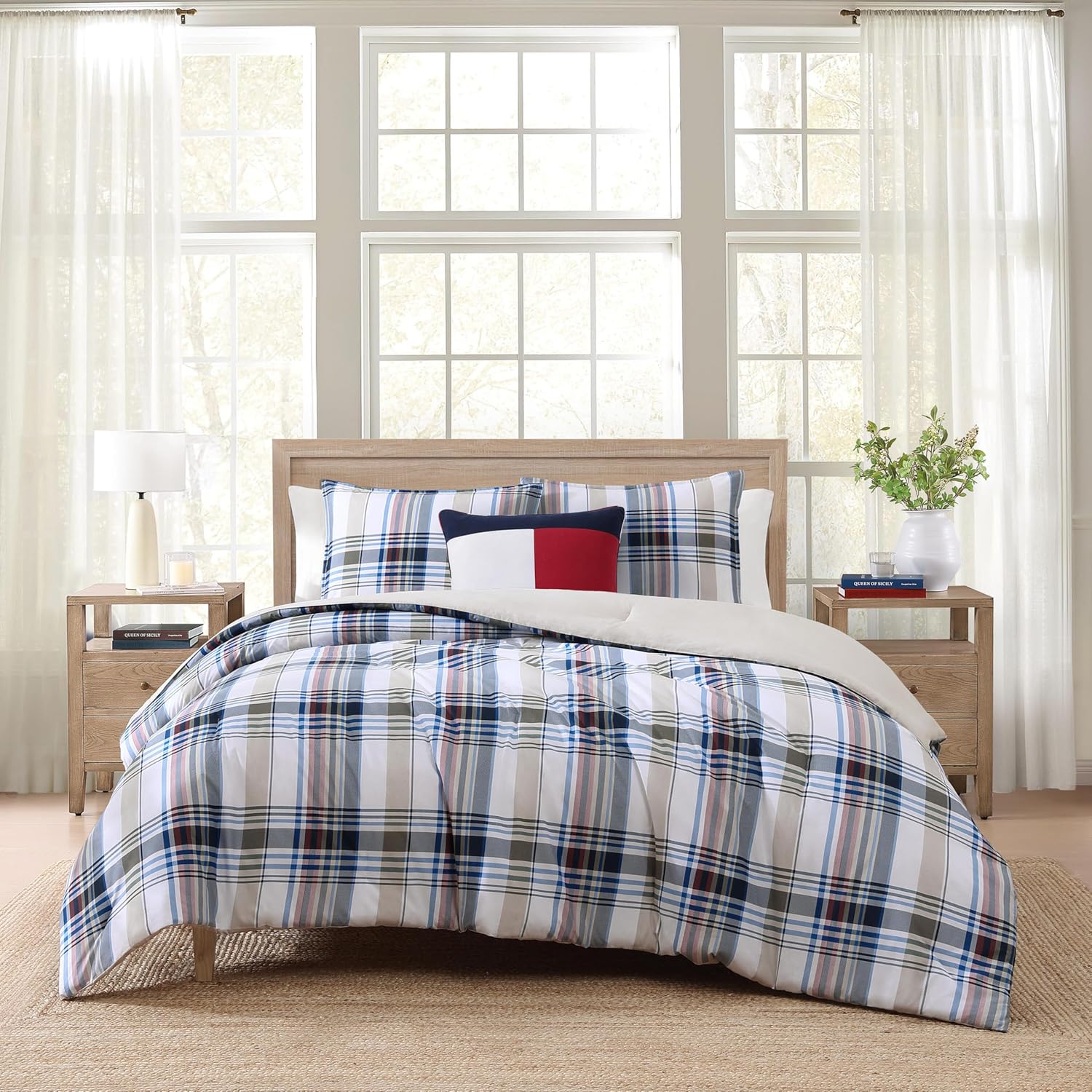 Tommy Hilfiger - King Comforter Set, Cotton Textured Bedding with Matching Shams, Medium Weight Bed Set, Oeko-TEX Certified (Waterbury Plaid Blue) King Waterbury Plaid Blue