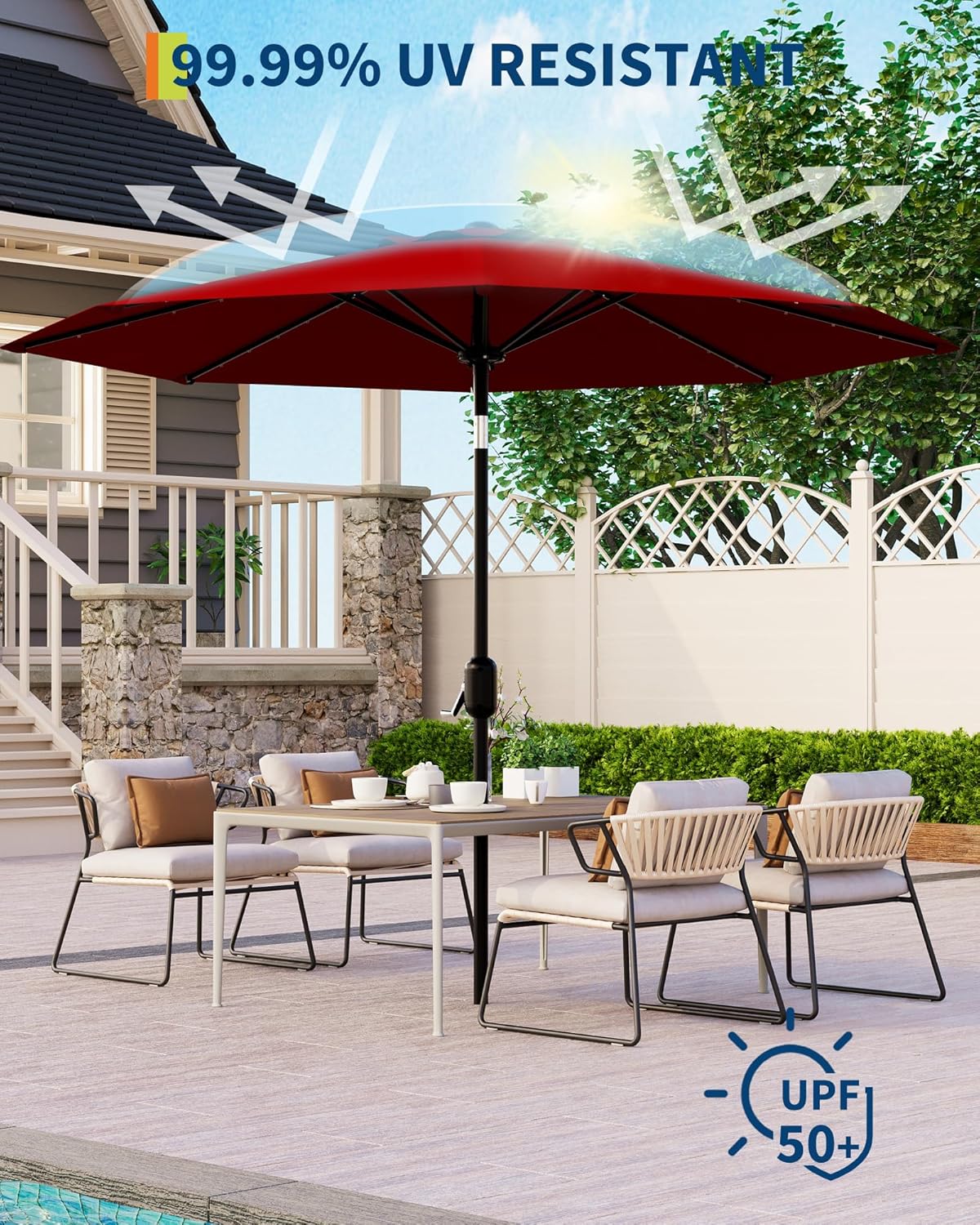 GarveeLife 10 ft Patio Umbrella with Solar Lights, 8 Ribs Outdoor Market Table Umbrella with 40 LED Lights & Tilt Crank for Pool, Deck, Backyard, Red - Image 5