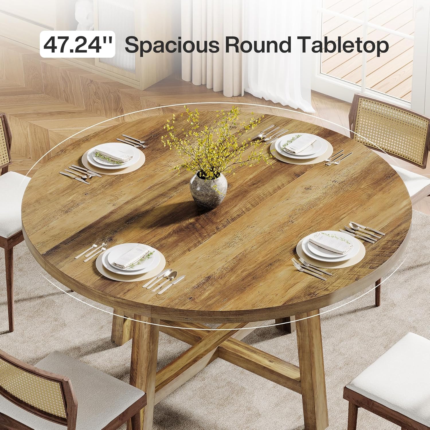 Tribesigns тегерек ашкана үстөлүнүн жакындан тартылган сүрөтү, анын жыгачтан жасалган бөлүктөрү жана жылмакай жасалгасы.