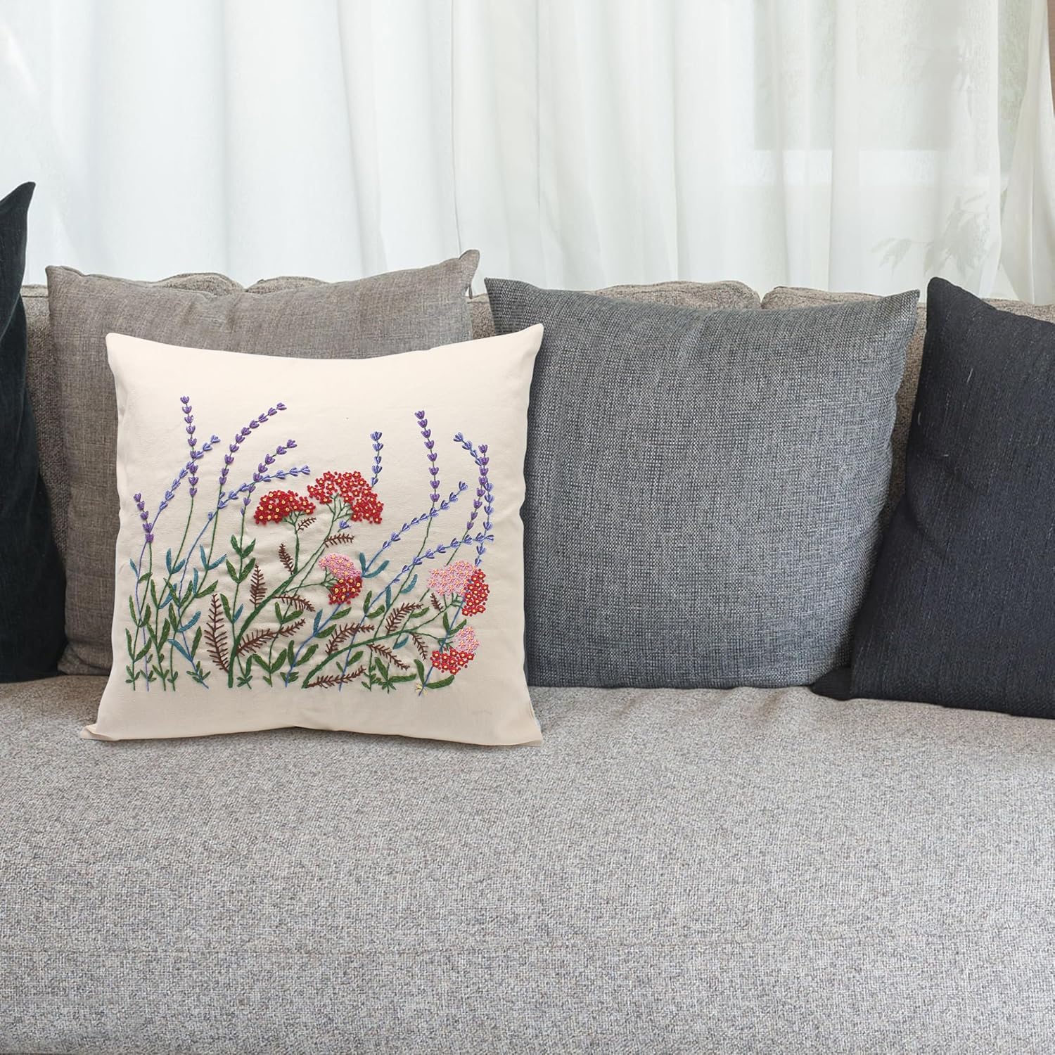 2 Set of Embroidery Pillow Kit Including Pillowcase Cover Cushion Case with Large Drawings and Zipper, Threads, Needles & Instruction Kits for Lace Crewel Craft, No Pillow Core (Lavender)