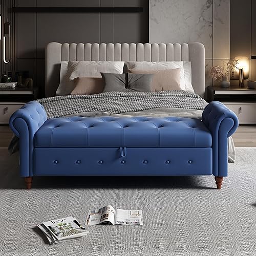 Miniatura 9 de Aoowow Banco de almacenamiento para dormitorio, extremo de cama, enrollado, de piel sintética, otomano, asiento largo, ventana, chimenea, banco de