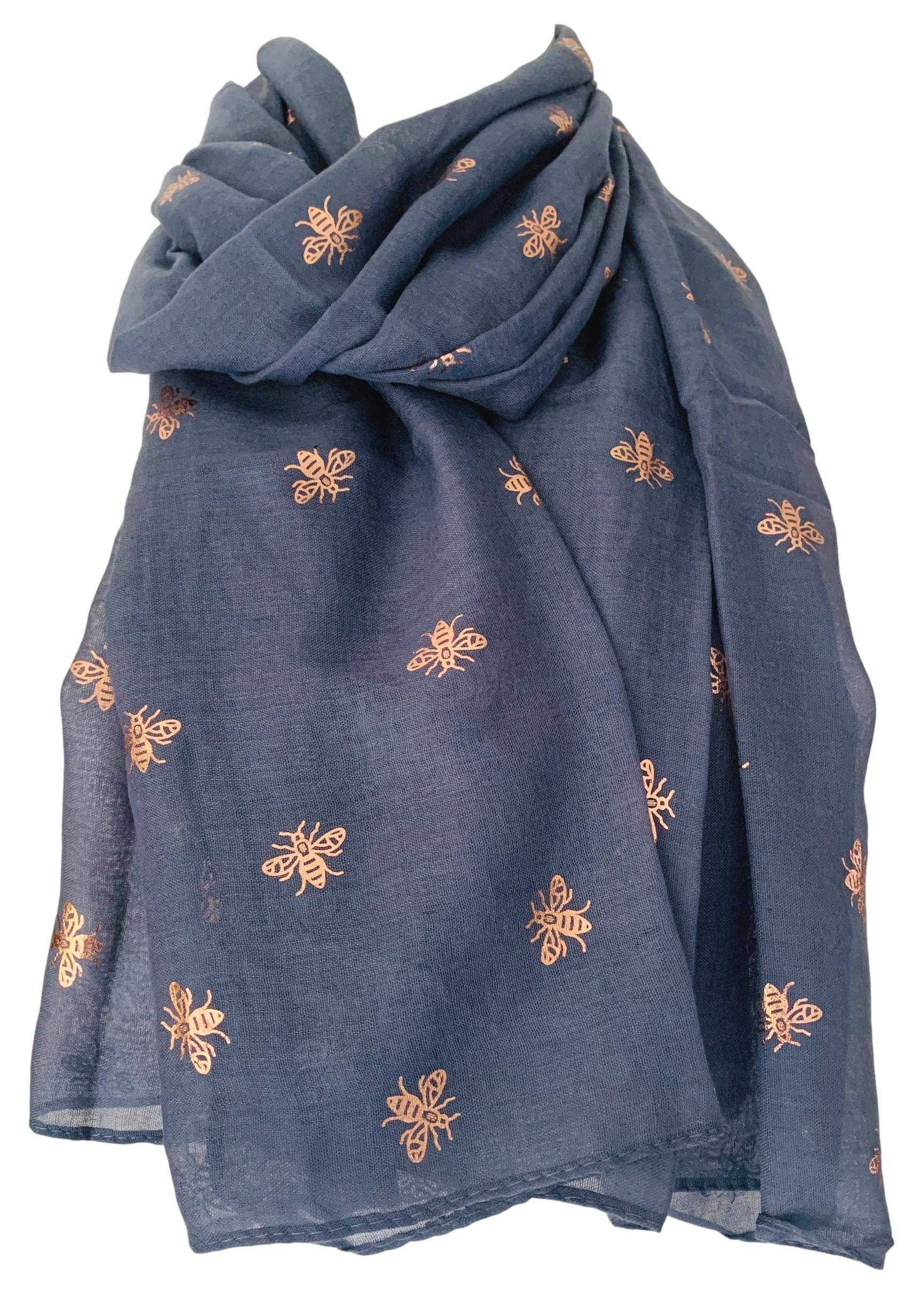 Purple Possum® Scarf Blue Bee Print Rose Gold Foil Bumble Bees Ladies Cotton Blend Wrap Shawl