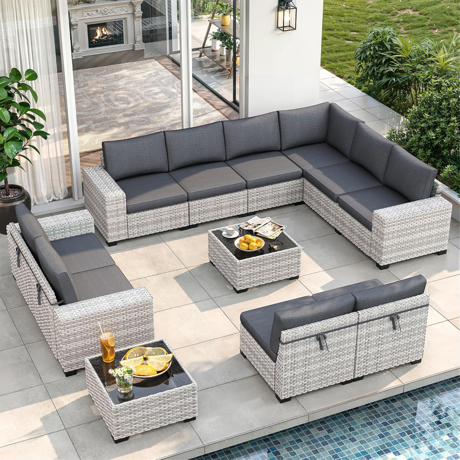 12 Piece Outdoor Wicker Rattan Sectional Sofa Set, 10-Seats Patio Furniture Conversation Set with 4" Thickened Cushions & Coffee Table, All-Weather PE Rattan for Garden, Backyard, Porch, Black