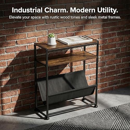 Miniatura 7 de Mesa auxiliar estrecha industrial, mesa auxiliar delgada de 7 pulgadas de ancho con soporte para revistas, mesita de noche delgada marrón rústico