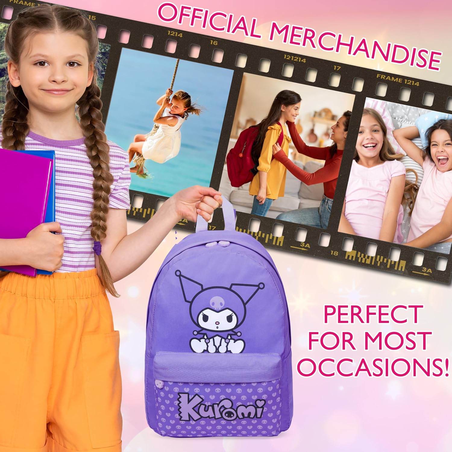 Hello Kitty Sanrio Backpack for Girls, Tweens with Zipped Front Pocket, Kawaii Backpacks for School, Travel, Gifts for Girls (Purple Kuromi)