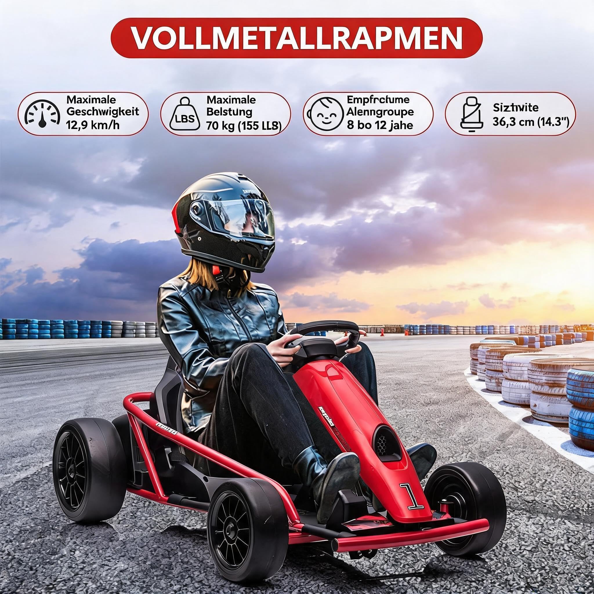 Go-Kart eléctrico de 24 V para niños con función de deriva – 2 motores de 300 W de alto rendimiento, hasta 13 km/h, batería de 9 Ah, arranque suave, coche eléctrico para niños de 8 a 12 años