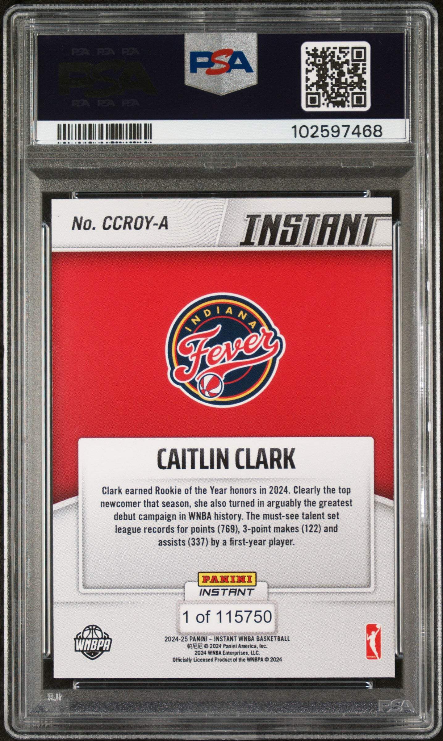 Graded 2024 Panini Instant WNBA Caitlin Clark #A Rookie of the Year Rookie RC Basketball Card PSA 10 Gem Mint