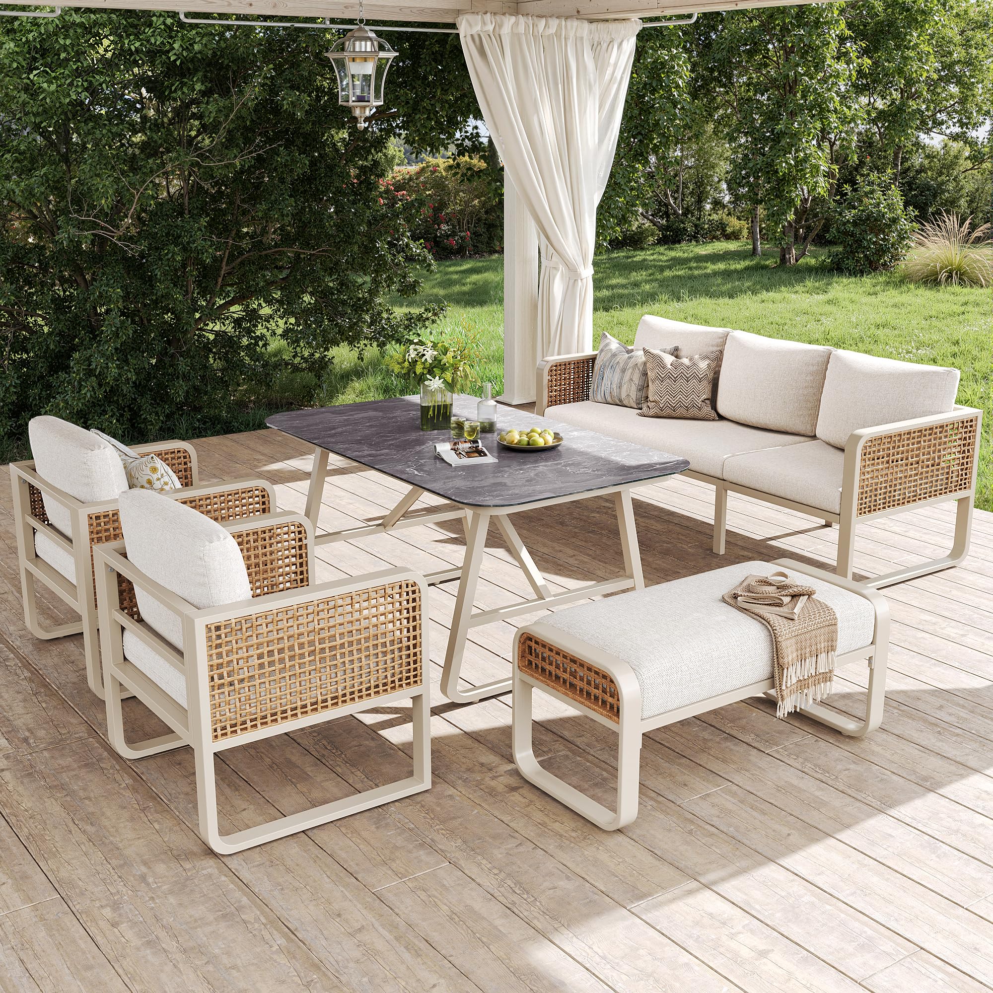 Merax Gartenmöbel Set 6-7 Personen, Gartenlounge Lounge Set aus Metallrahmen & PE-Rattan, Balkonmöbel Outdoor Sitzgruppe mit Tisch & Kissen, Kombinierbar Gartensofa-Set, Wetterfest für Terrasse, Beige