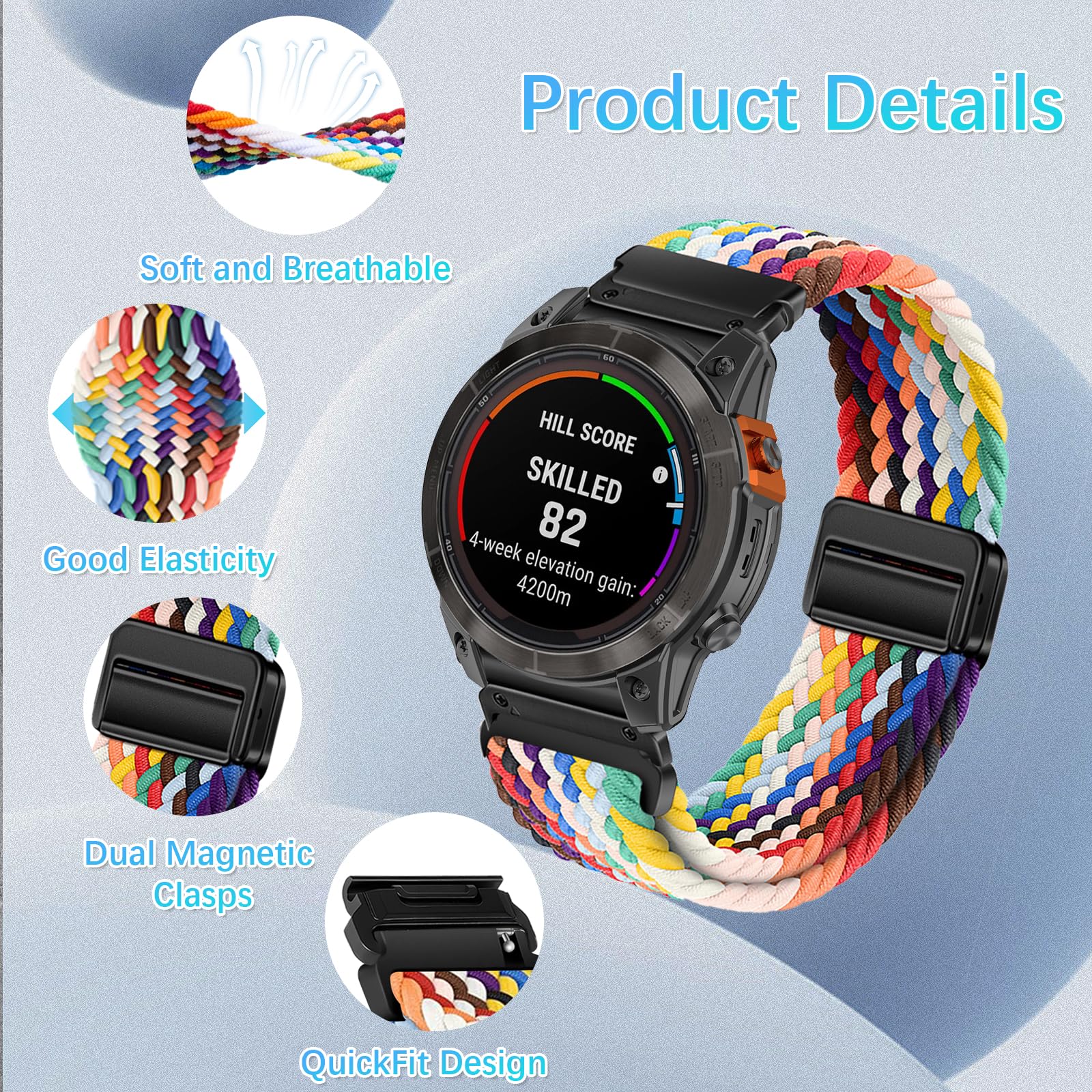 RanBluu QuickFit 22mm Nylon Cinturino per Garmin Tactix 8 47mm/Descent G2/fēnix 8 47mm/fēnix E/Fenix 7, Chiusura magnetica Cinturini, Cinturini Sportivi di Ricambio per Garmin Epix 2, Avorio